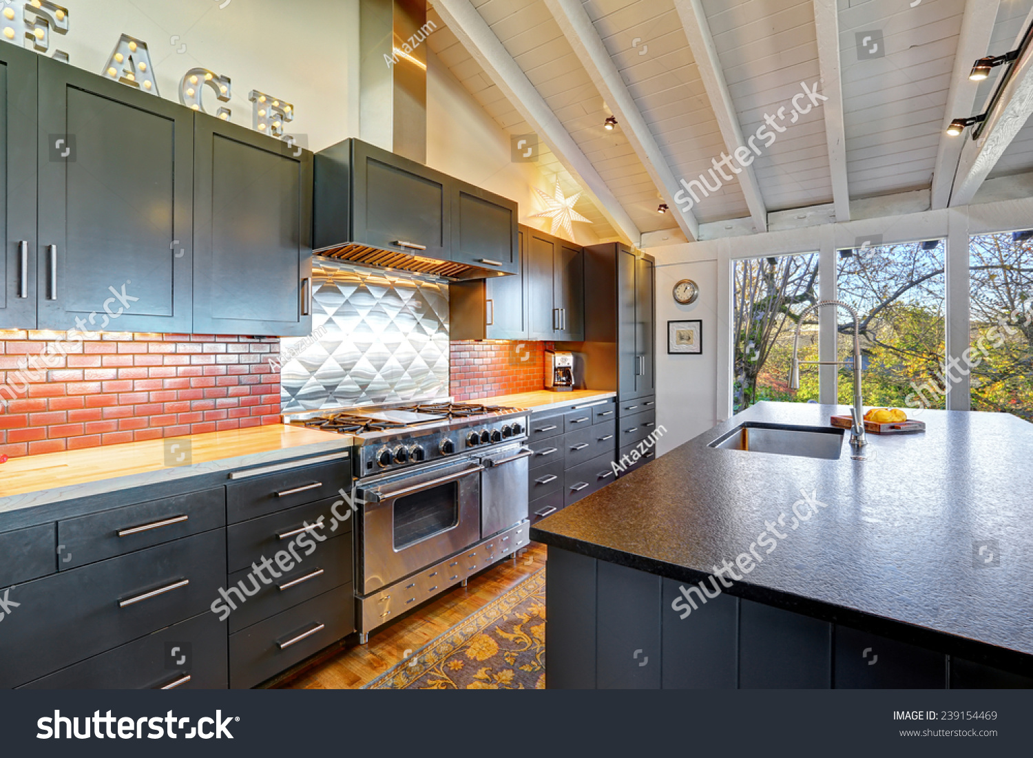 Luxury Beautiful Dark Modern Kitchen Vaulted Stock Photo
