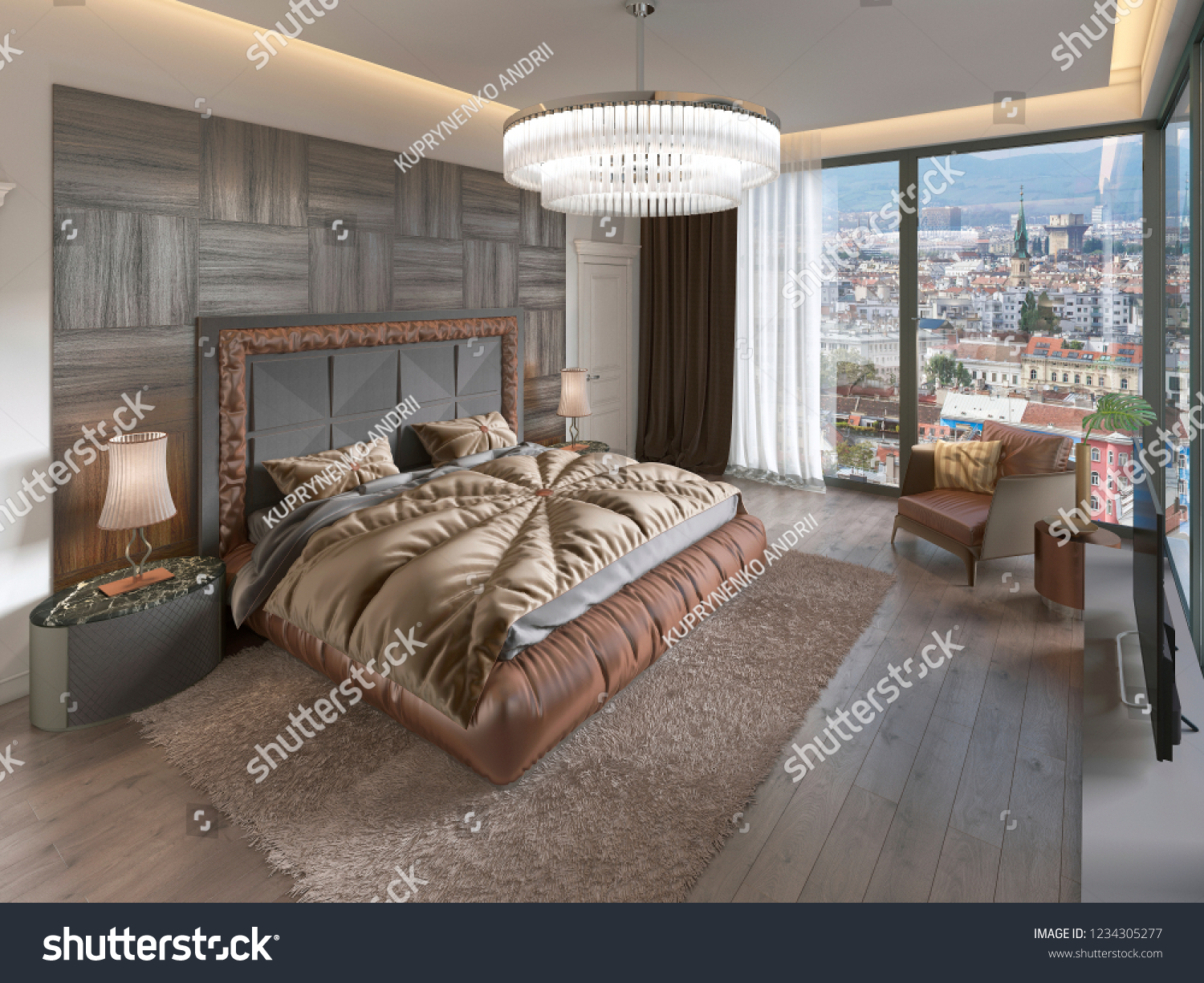 Luxury Bedroom Interior Fabric Bed Dresser Stock Illustration