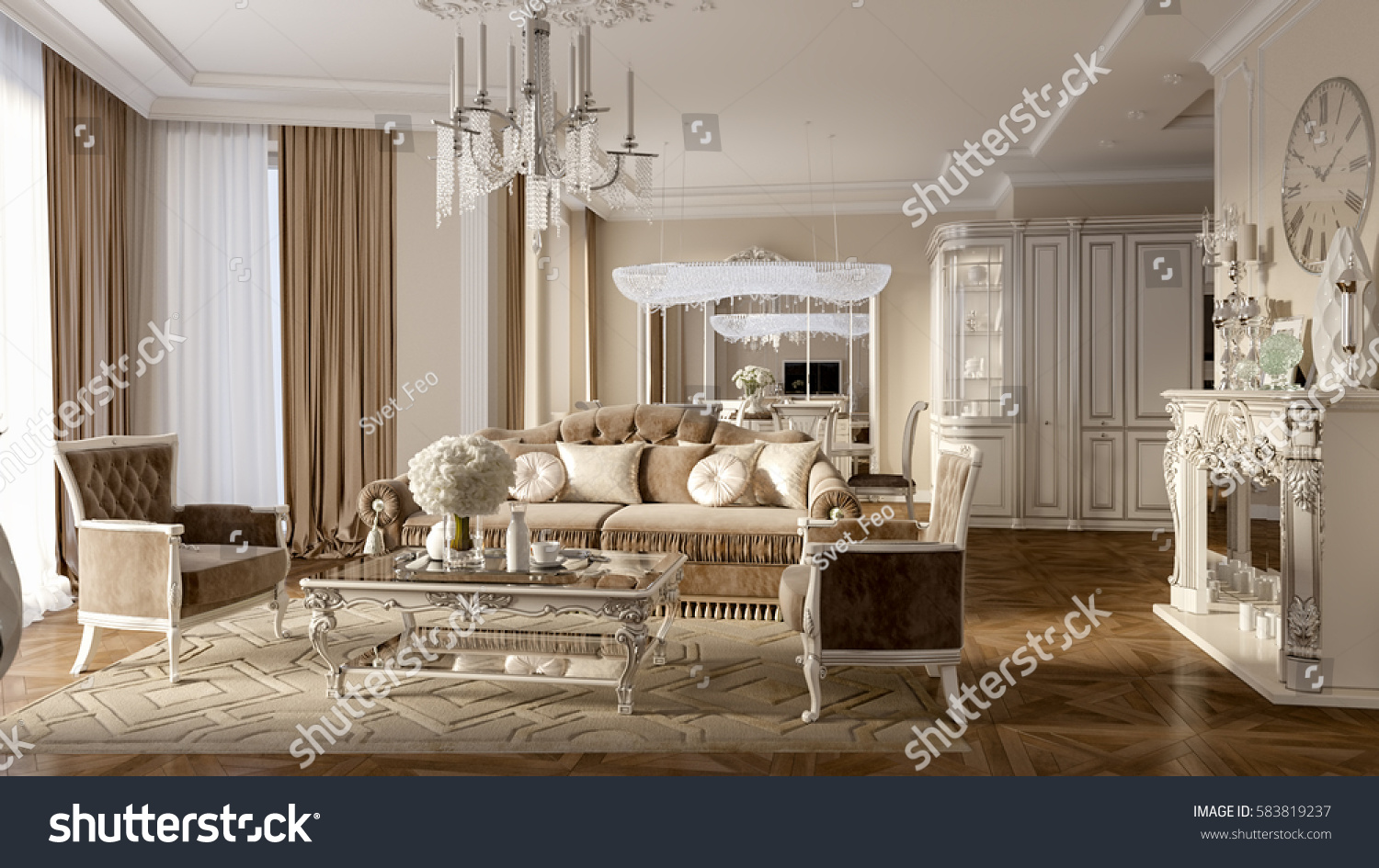 Luxury Classic Interior Dining Room Kitchen Stock Illustration