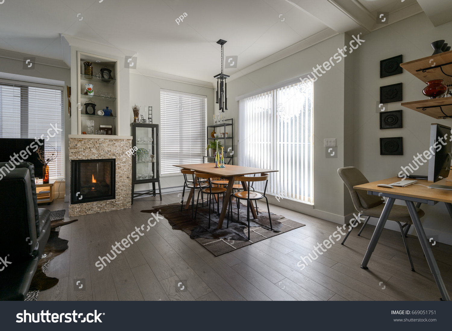 Luxury Dining Room Fireplace Small Office Stock Photo Edit