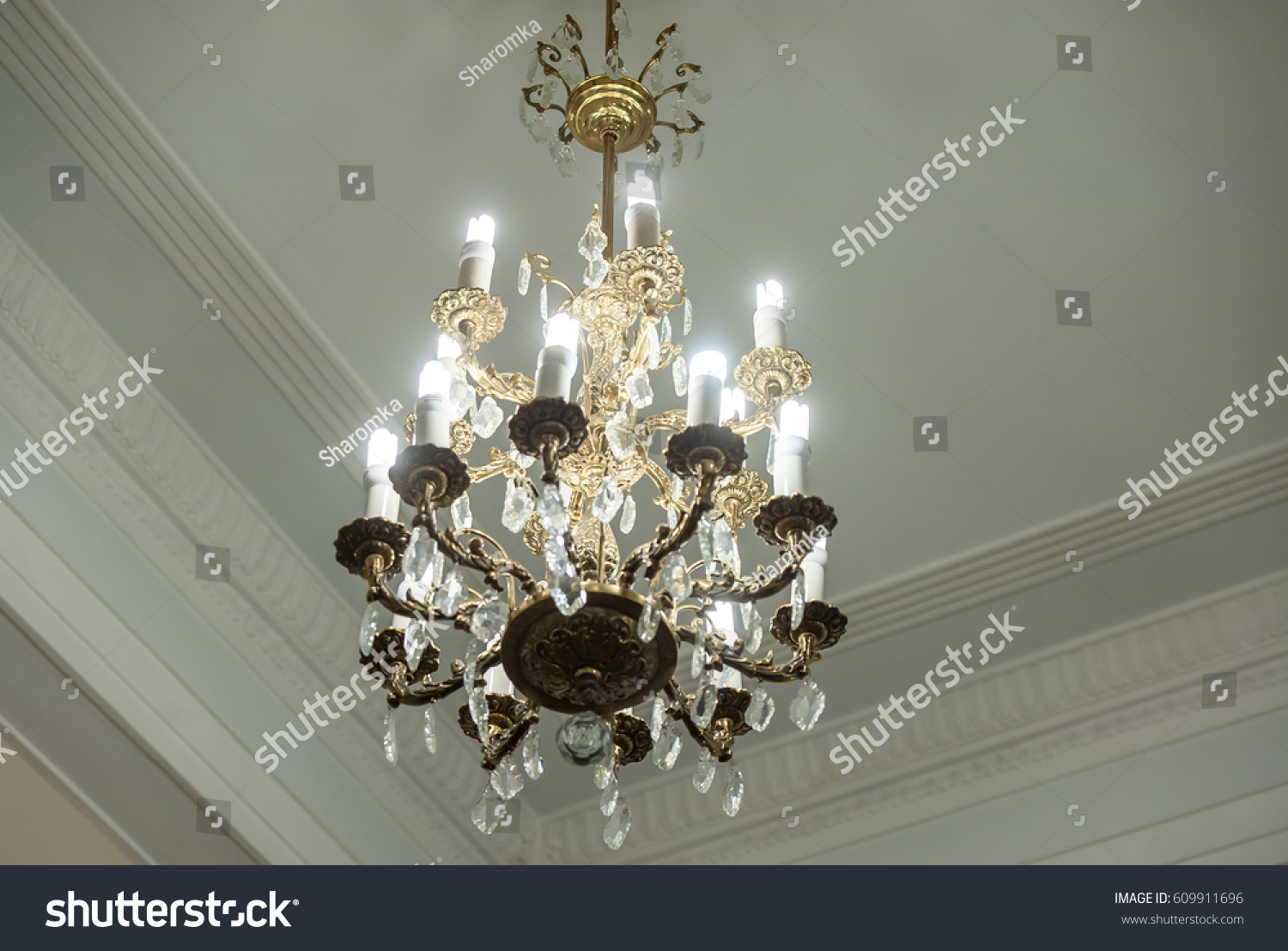 Luxury Expensive Chandelier Hanging Under Ceiling Stock