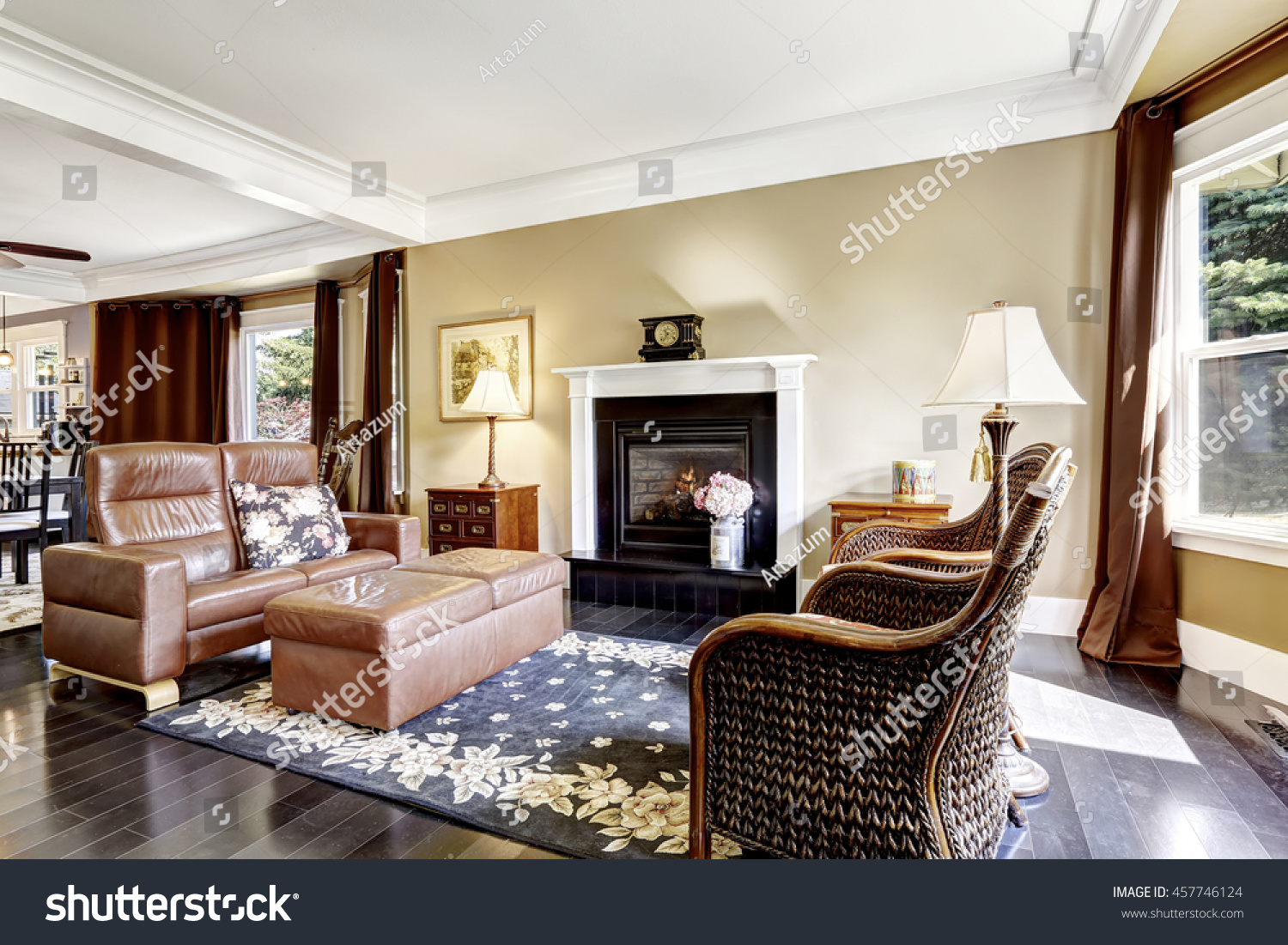 luxury home interior brown tones fireplace stock photo royalty free