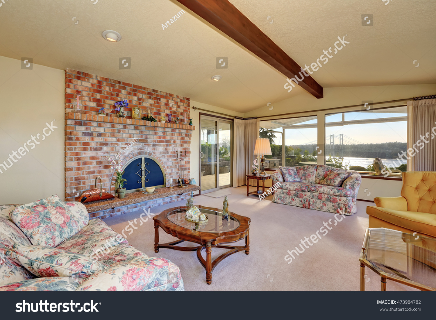 Luxury Interior Living Room Vaulted Ceiling Stock Photo