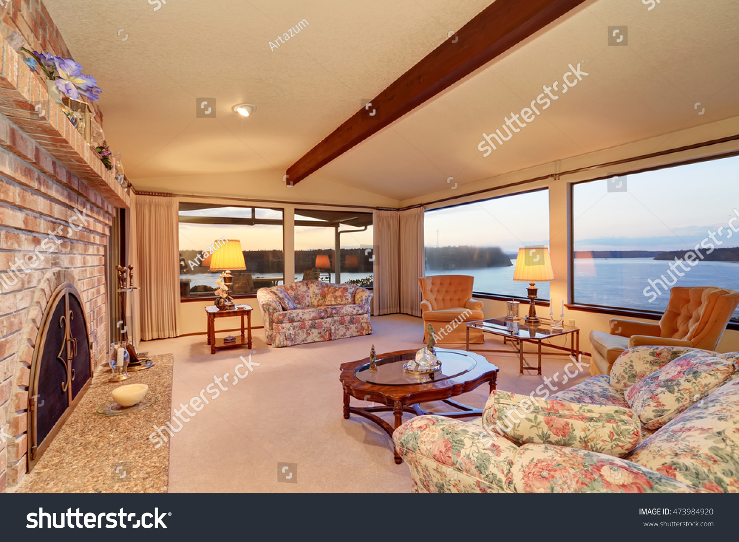 Luxury Interior Living Room Vaulted Ceiling Stock Photo