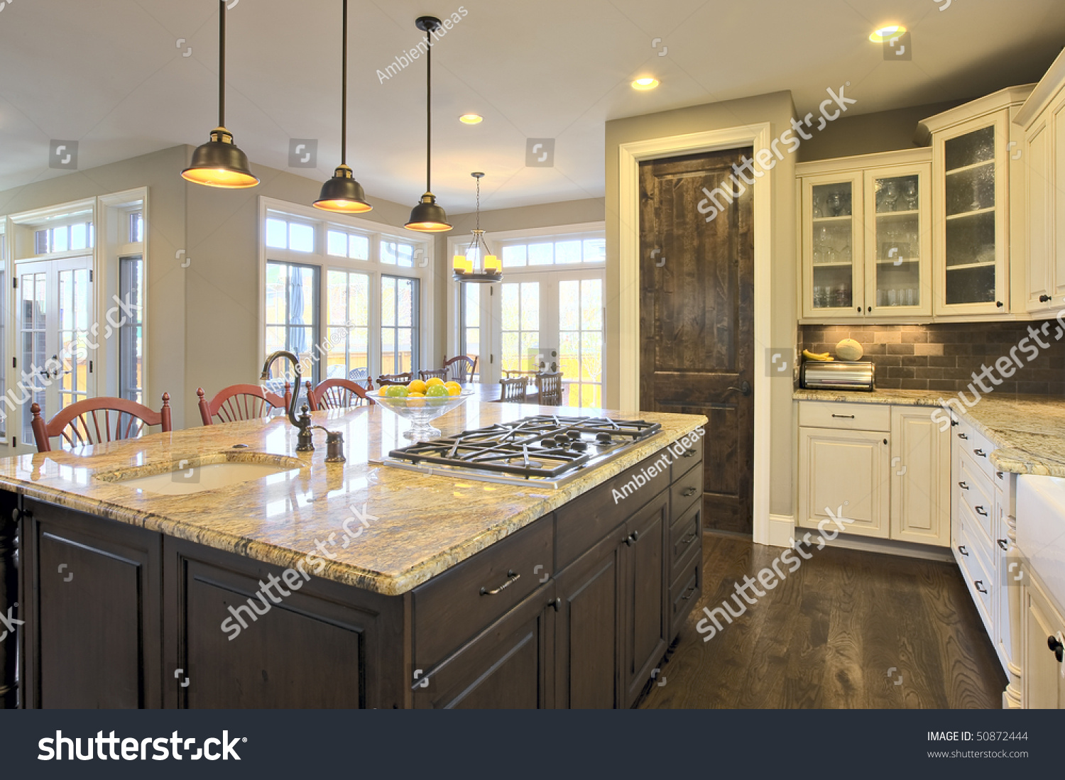luxury kitchen brightly lit center cooking stock photo