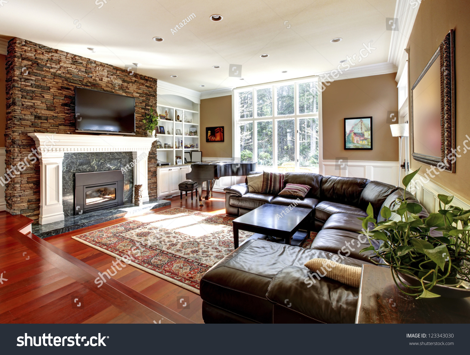 Luxury Living Room Stone Fireplace Leather Stock Photo 123343030