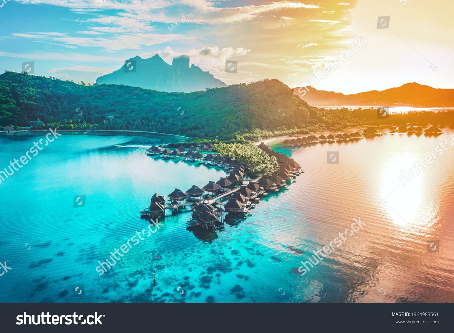 3 186 Bungalows French Overwater Polynesia Images Stock Photos   Stock Photo Luxury Travel Vacation Aerial Of Overwater Bungalows Resort In Coral Reef Lagoon Ocean By Beach 1964983561 