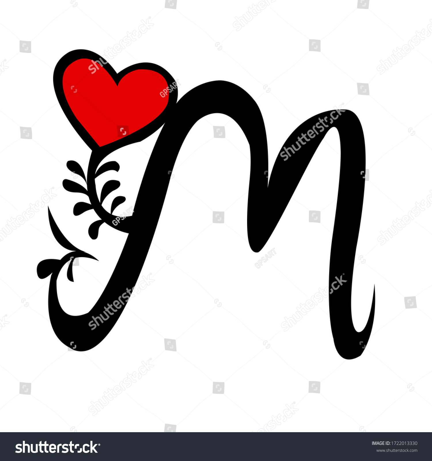 Mという名前の最初の文字のタトゥーイラスト Mの文字の先頭に ハート記号を付けてデザインされたタトゥーに名前を付けます のイラスト素材