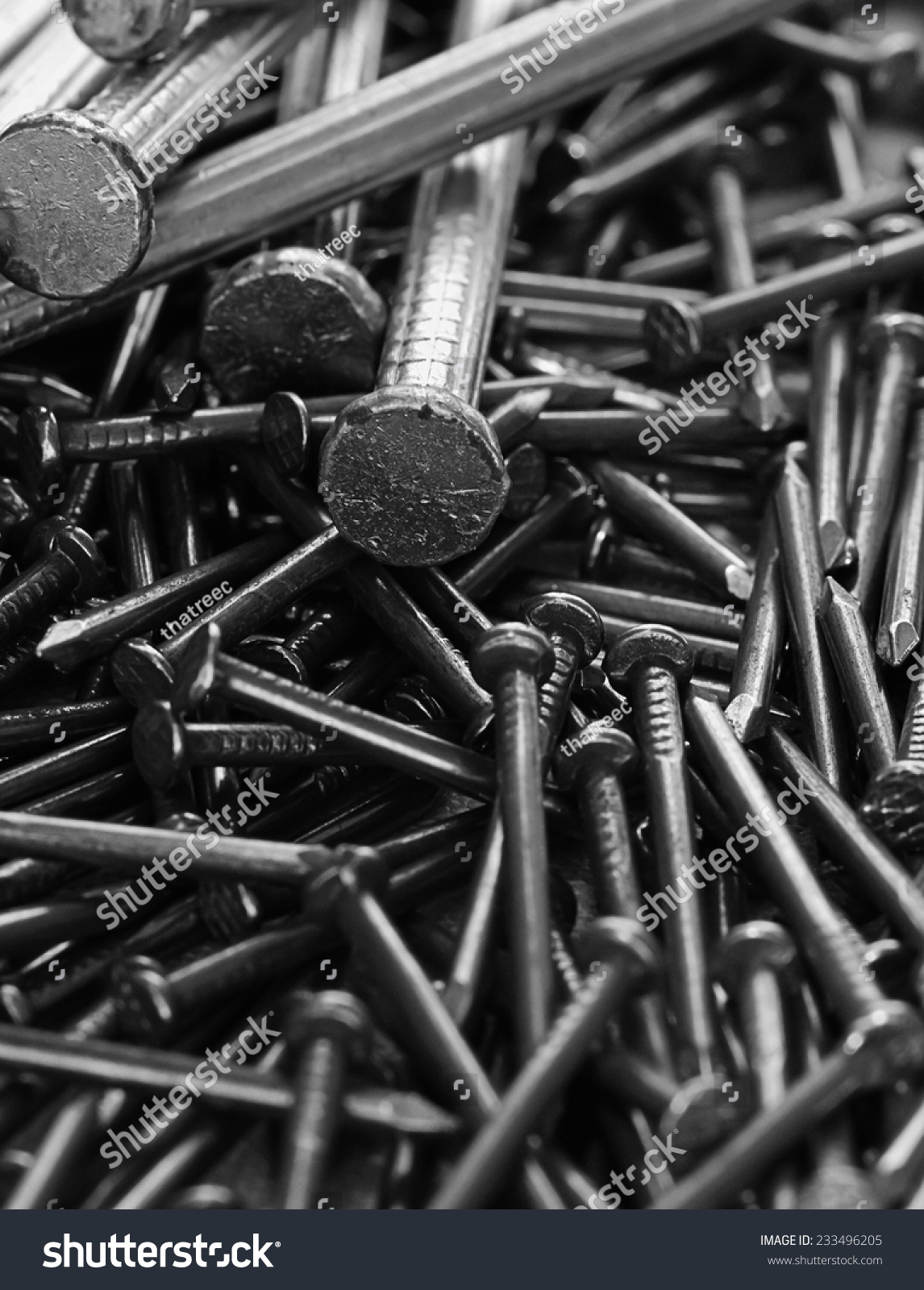 Macro Of Metal Nails Stack In Black And White Color ; Selective Focus ...