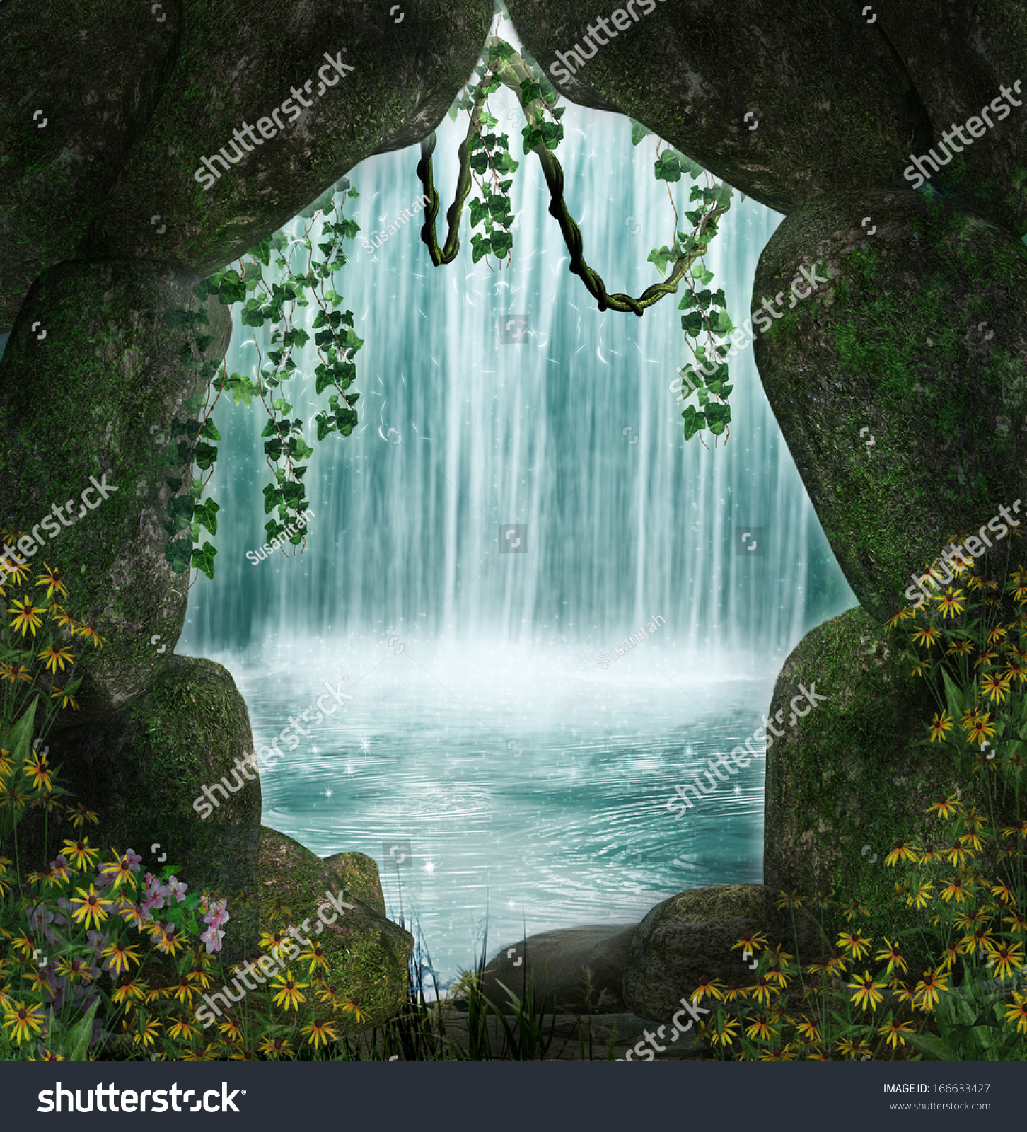 魔法の洞窟と滝 のイラスト素材