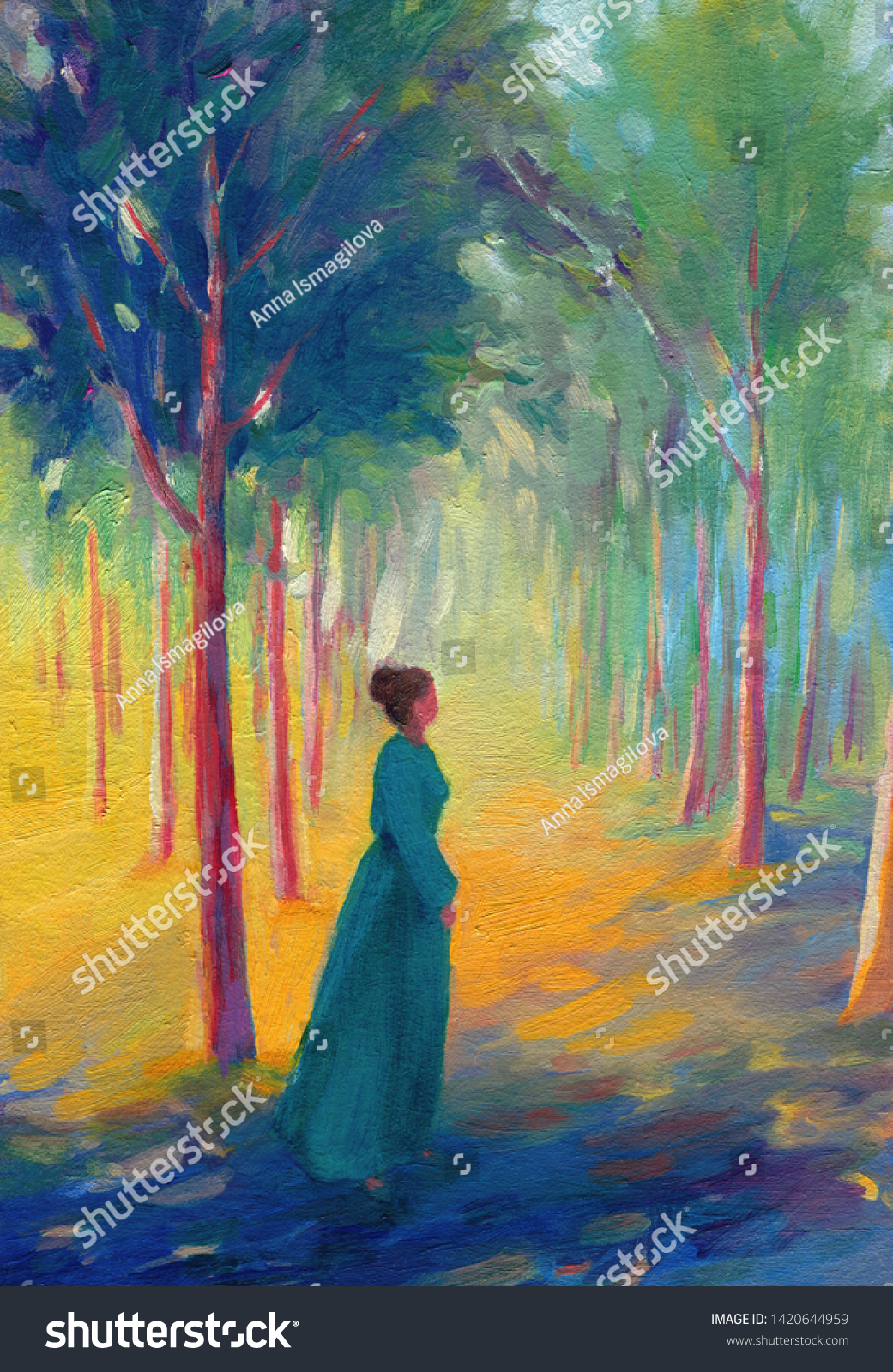 Magic Forest Oil Painting Contemporary Art Stock Illustration