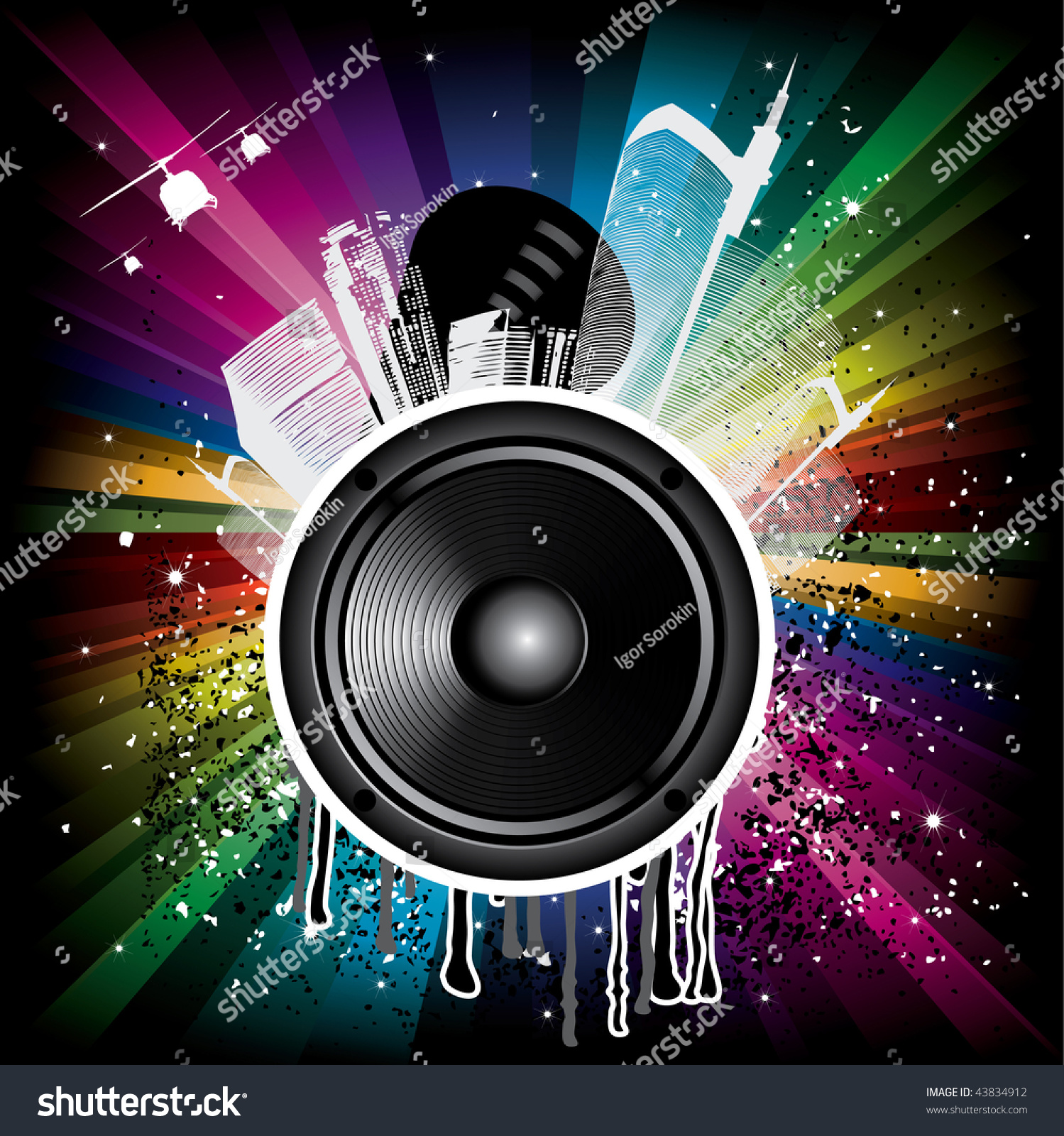 Magic Rainbow Party Background With Speaker And Houses Stock Photo ...