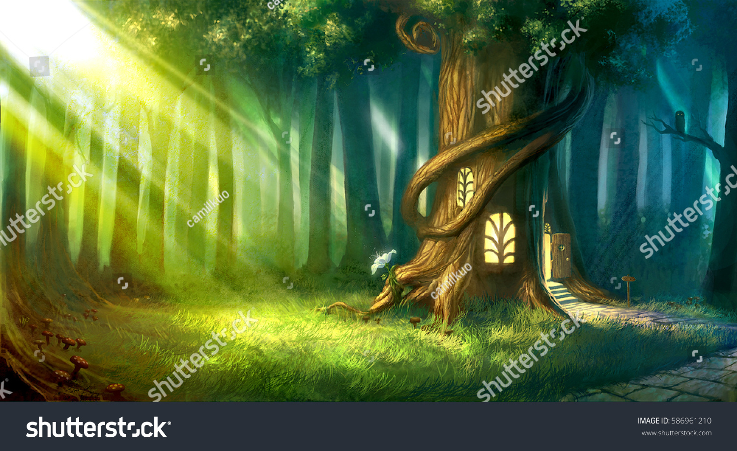 森の中の夜の木の家の幻想的な幻想的な風景 のイラスト素材