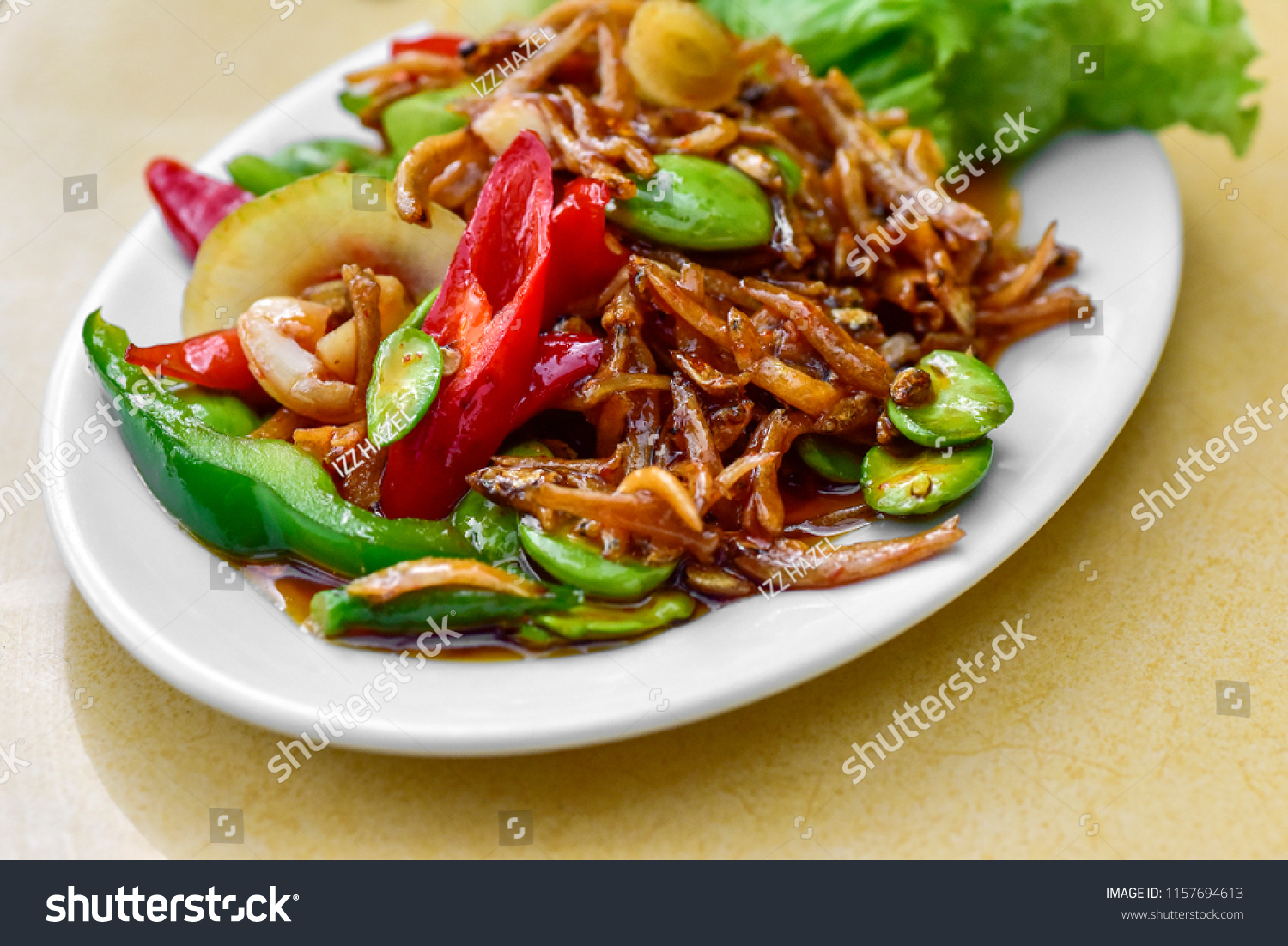 Malaysian Dish Dried Anchovy Stink Bean Stock Photo 1157694613
