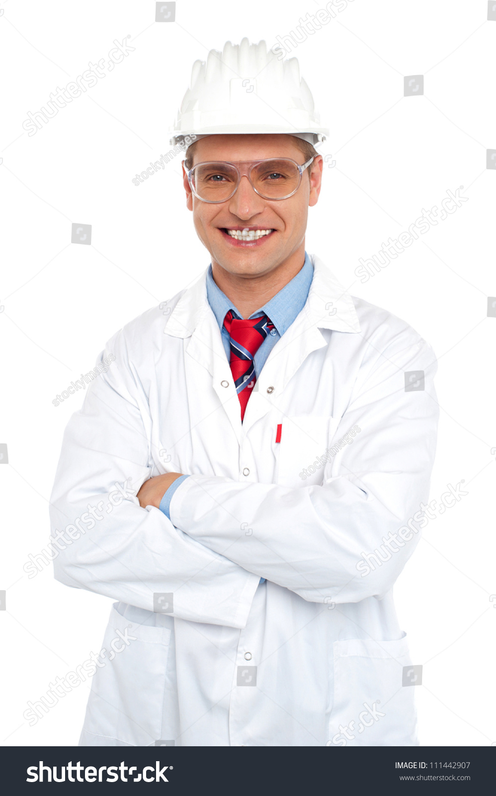 Male Architect Wearing Safety Glasses And Hard Hat. Dressed In White ...