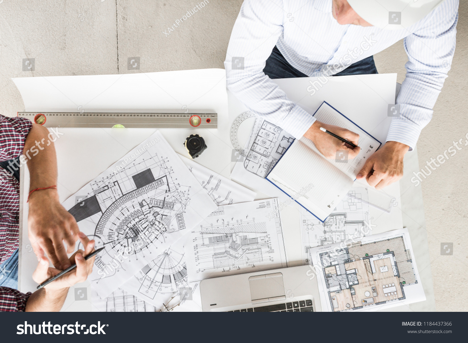 Male Engineers Architects Working Desk Helmets Stock Photo Edit