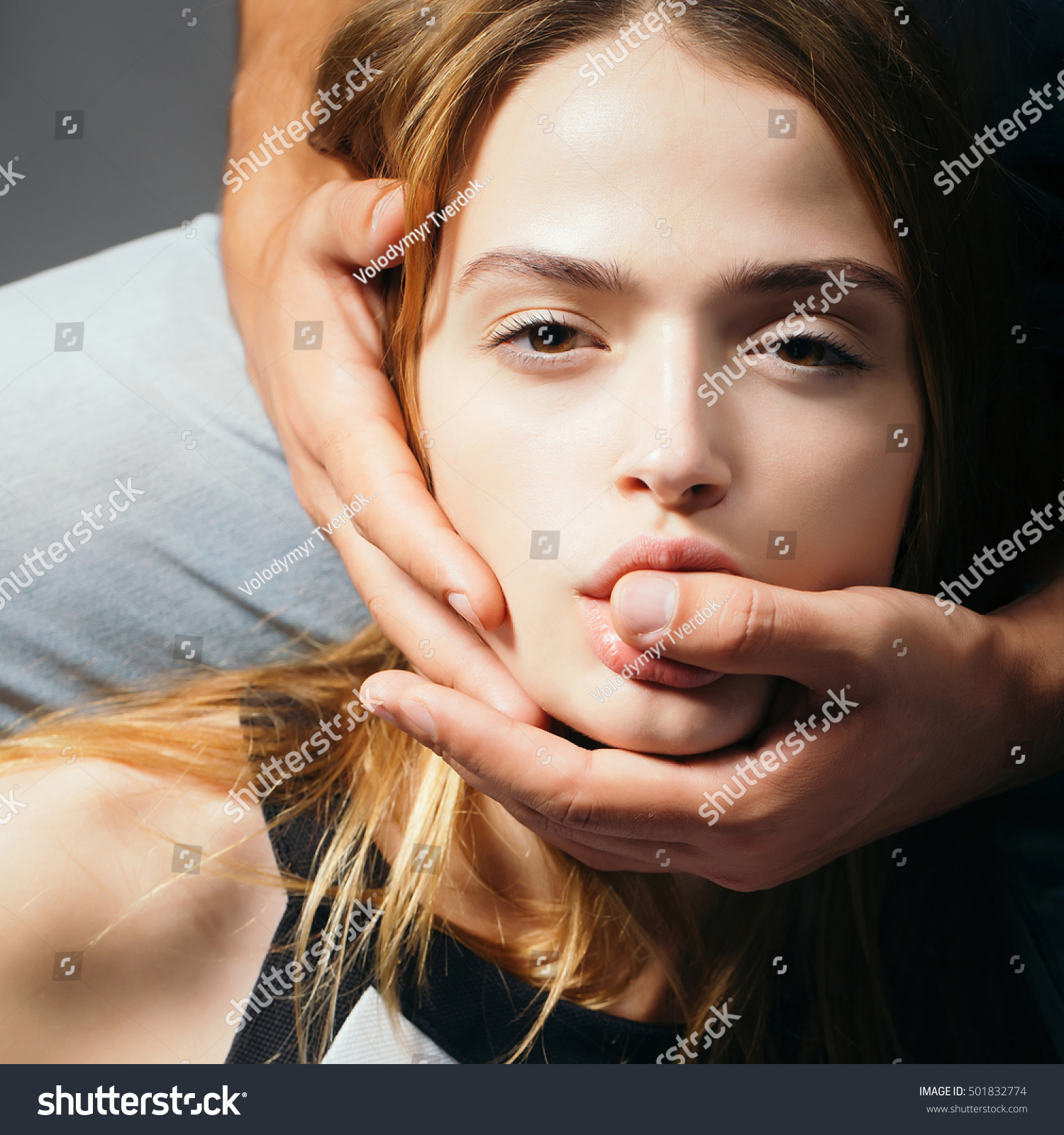 Male Hands Hugs Head Pretty Girl Stock Photo Edit Now 501832774