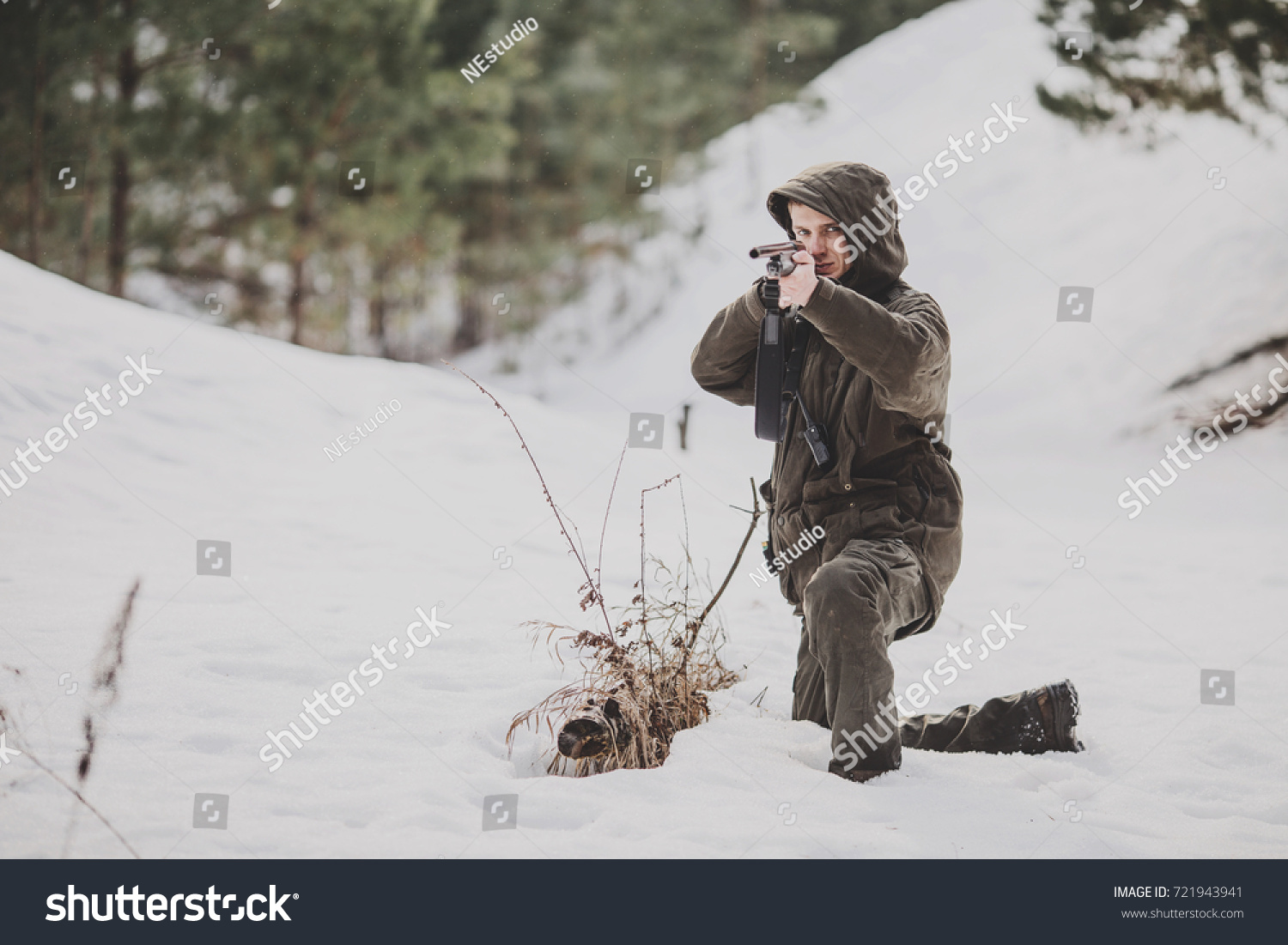 Male Hunter Ready Hunt Holding Gun Stock Photo (Edit Now) 721943941