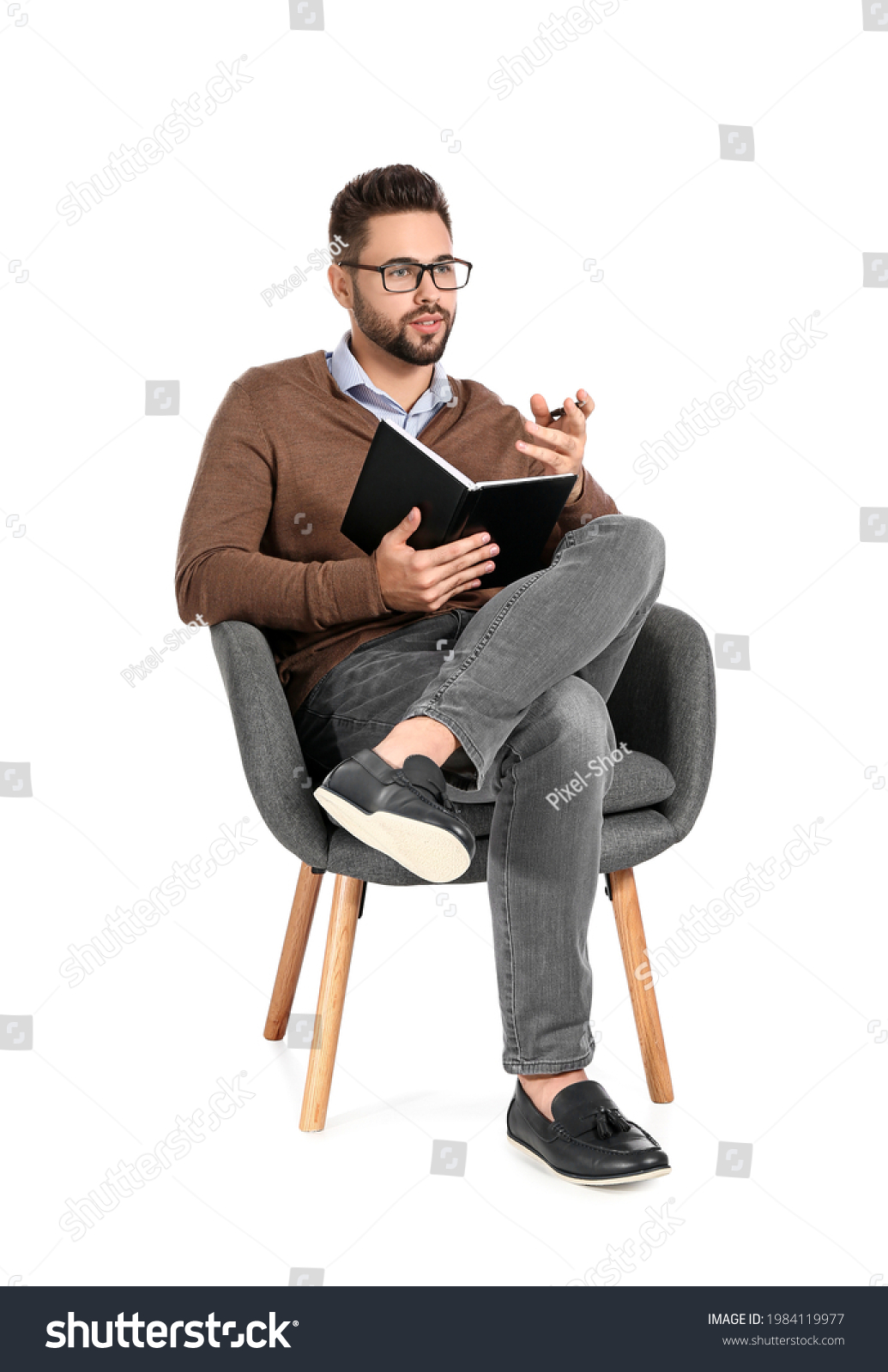 Male Psychologist Sitting Armchair On White Stock Photo (Edit Now ...