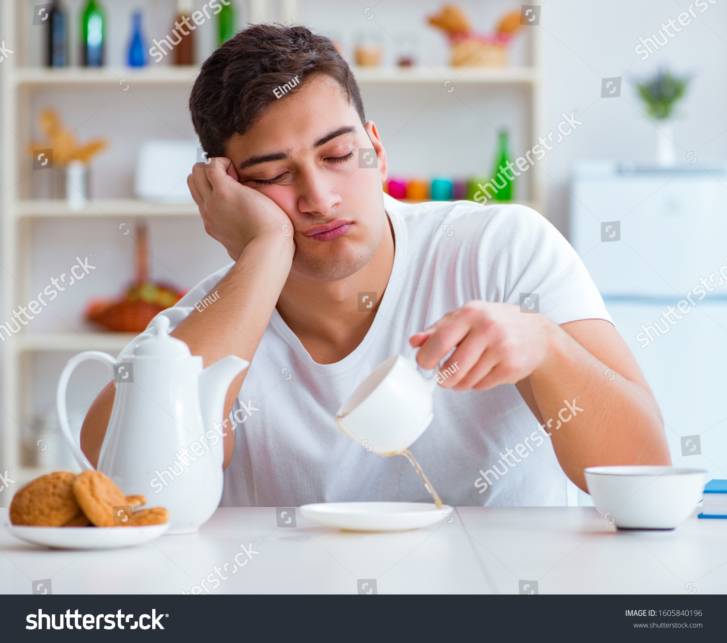 Man Falling Asleep During His Breakfast Stock Photo 1605840196 ...