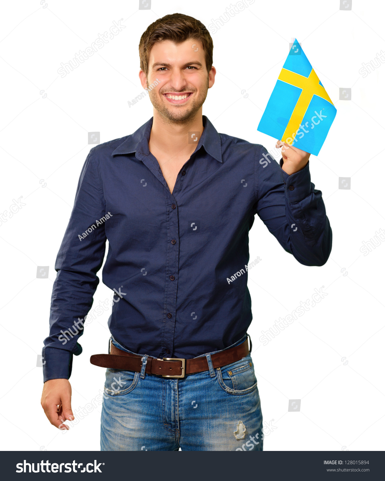 Man Holding Swedish Flag Isolated On White Background Stock Photo ...