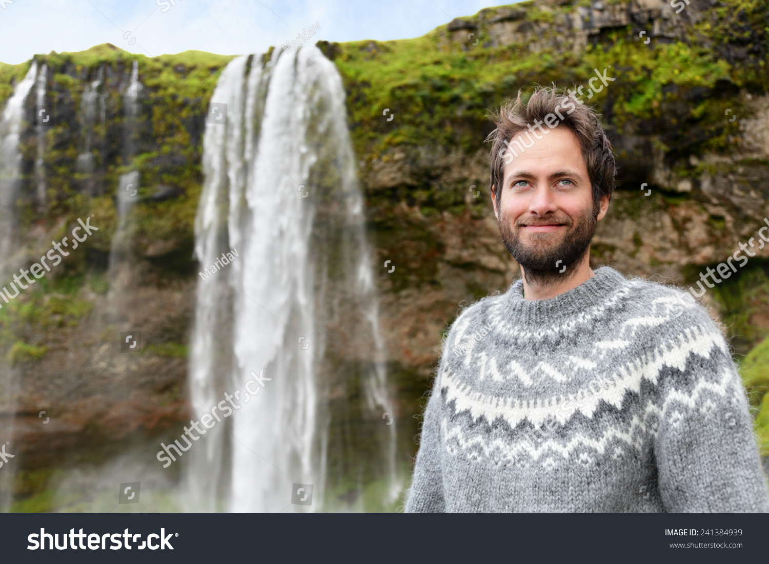Man Icelandic Sweater By Waterfall On Stock Photo 241384939 - Shutterstock