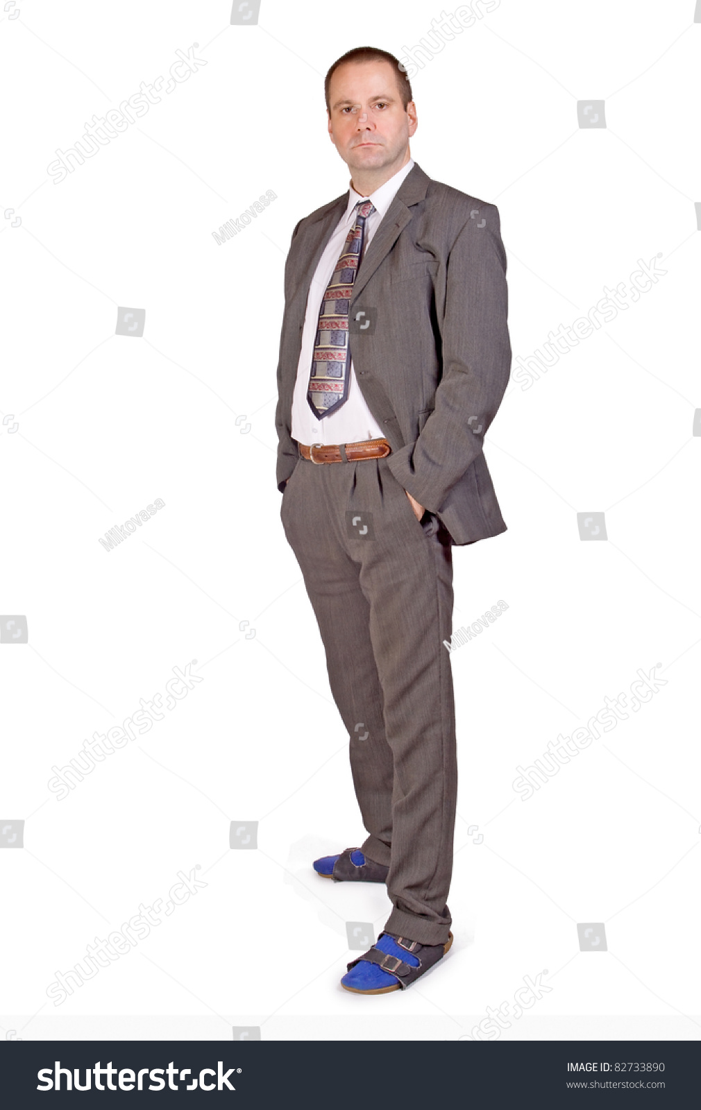 Man Suit Slippers On His Feet Stock 
