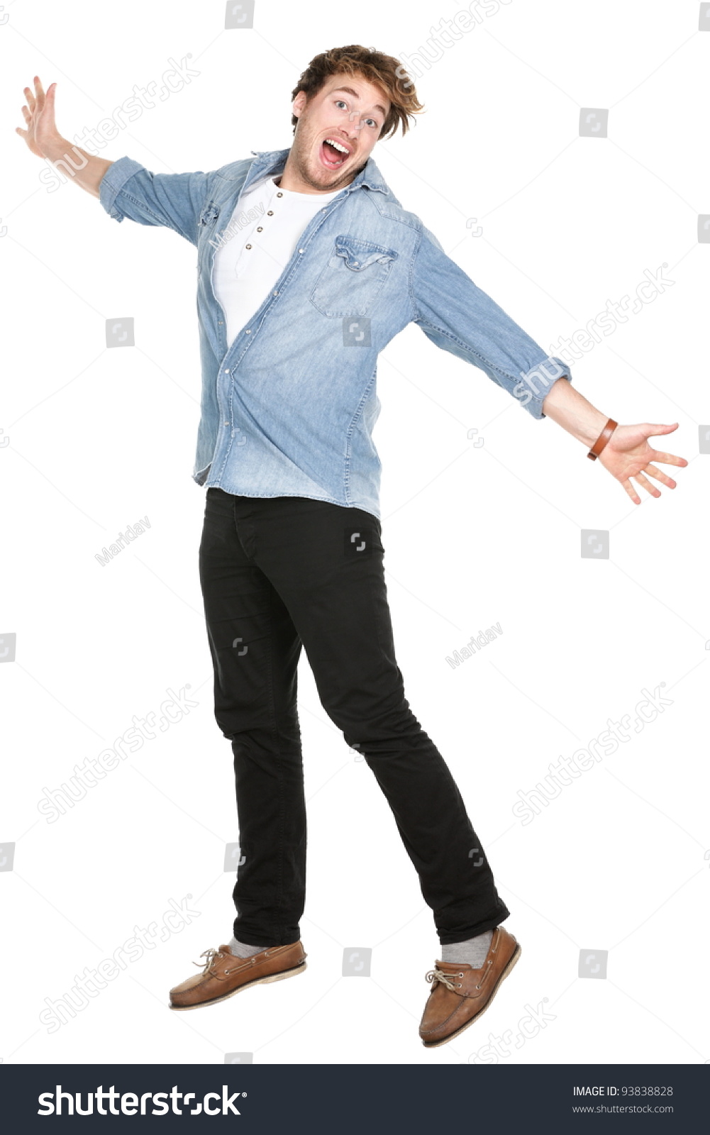 Man Jumping Excited In Full Body Isolated On White Background. Casual ...