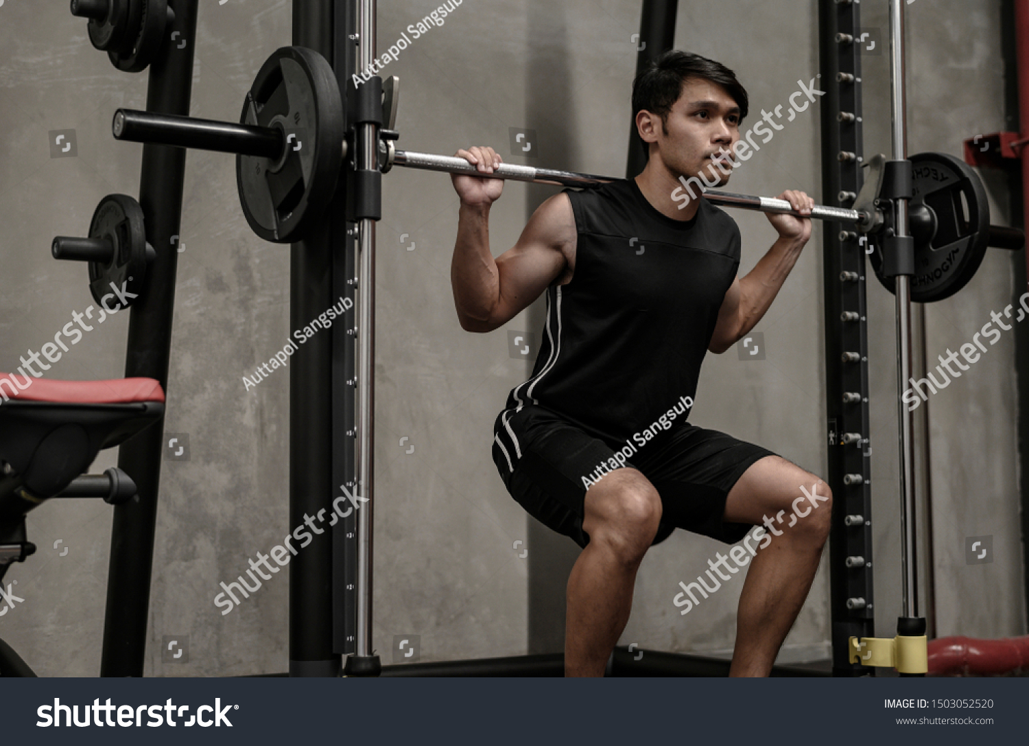 Man Lifting Barbells Squats Smith Machine Stock Photo Edit Now