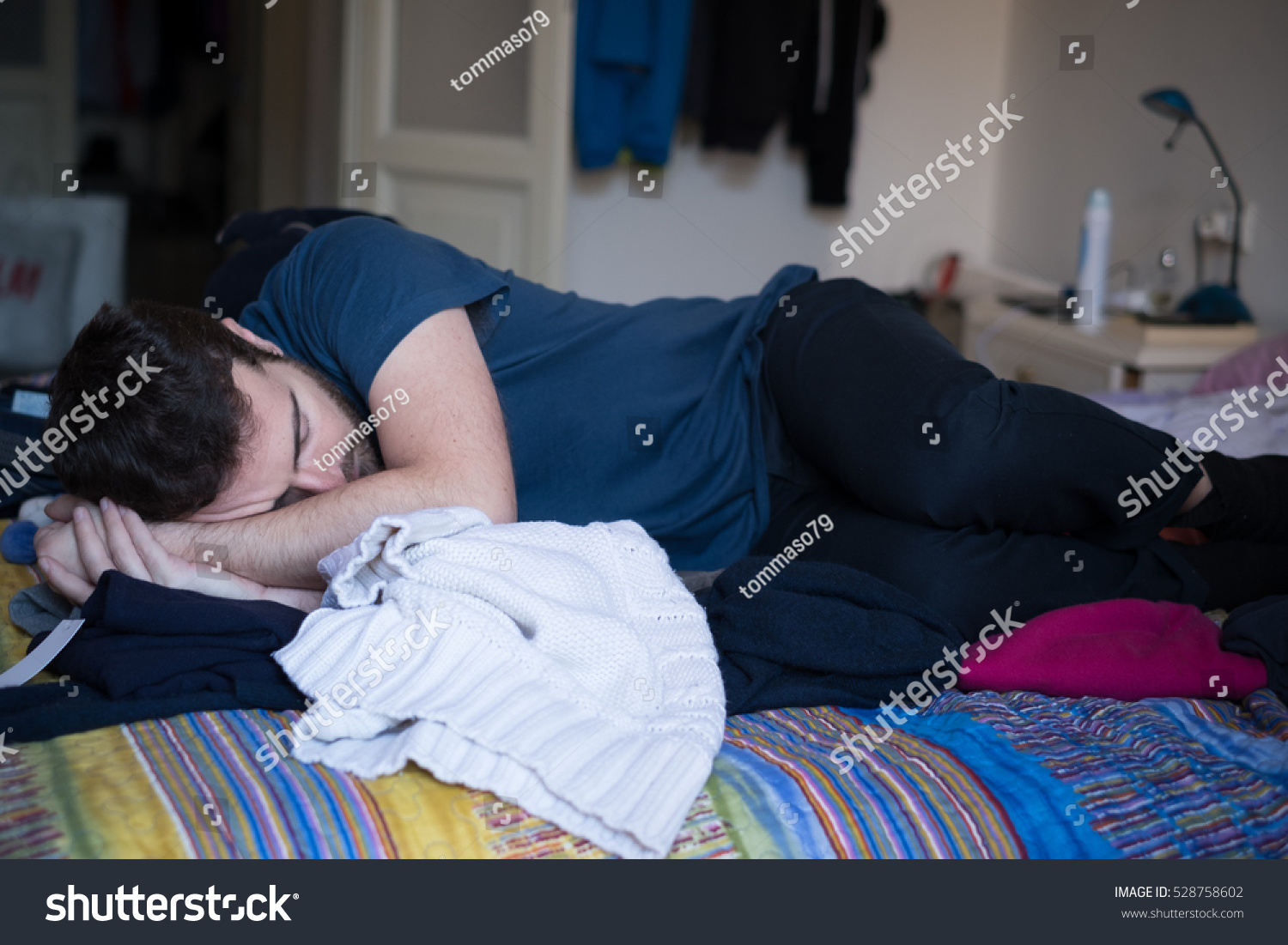 Man Lying Bed Chaotic Messy Bedroom Stock Photo 528758602 Shutterstock