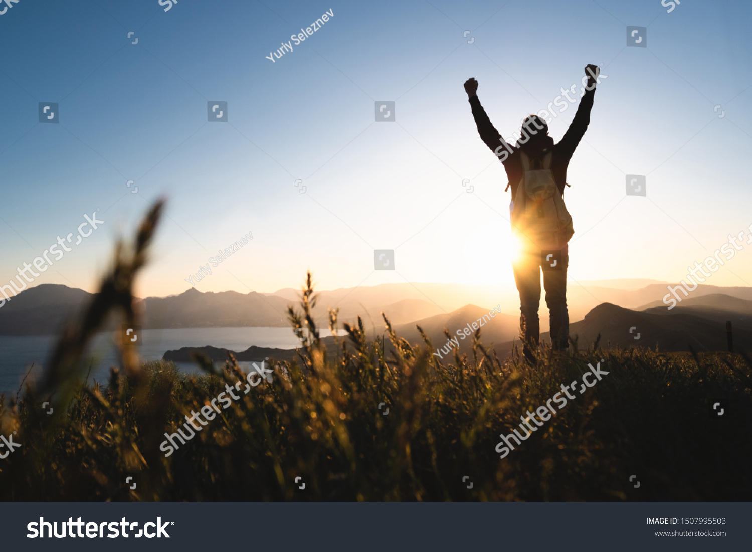 Man Praying Sunset Mountains Raised Hands Stock Photo 1507995503