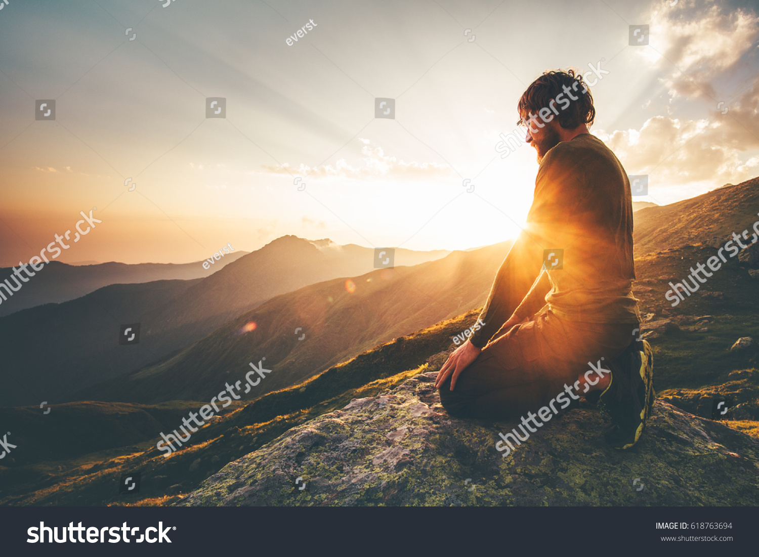 Man Relaxing Sunset Mountains Travel Lifestyle Stock Photo 618763694