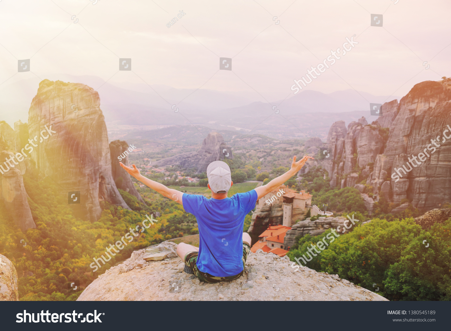 Man Traveler Praying Sunset Mountain Summit Stock Photo 1380545189