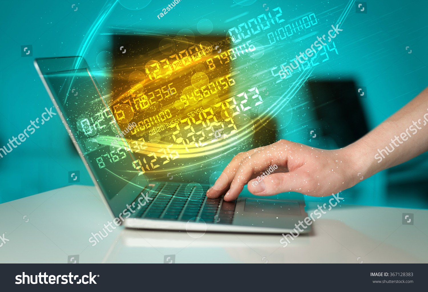  Seafoam Green Classic  Template Design Featuring Man Typing on Modern Notebook with Future