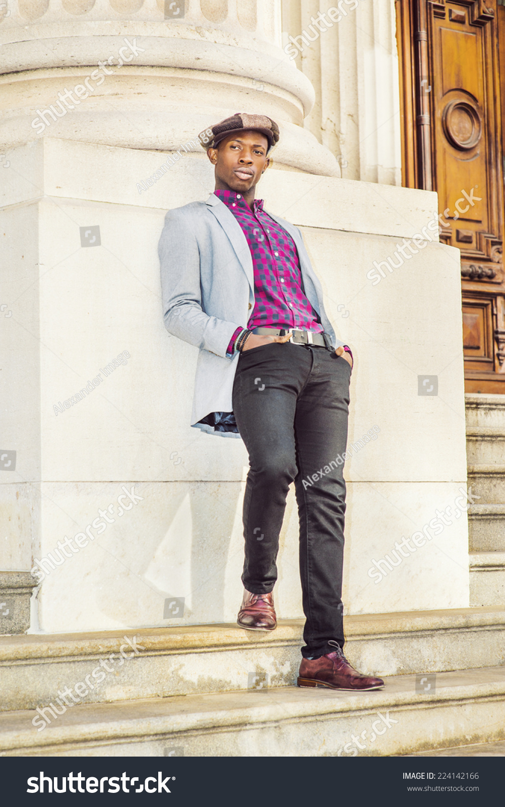 gray blazer black pants brown shoes