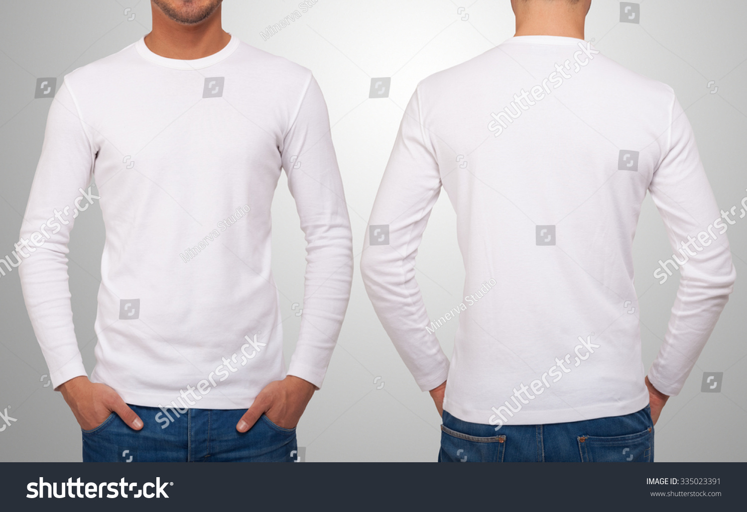 Man Wearing A White T-Shirt With Long Sleeves. Front And Back Version ...