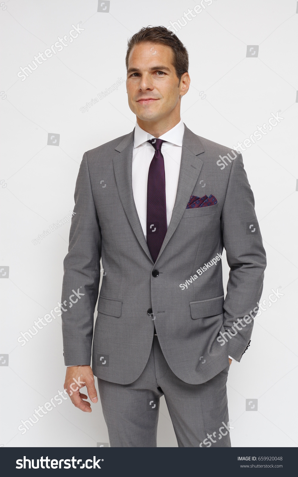 Man Gray Suit White Shirt Dark Stock Photo (Edit Now) 659920048