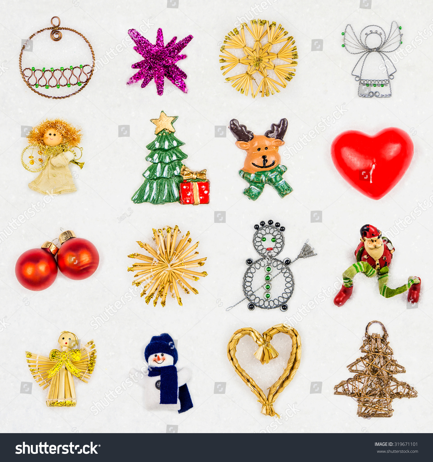 many different christmas decorations on snowy background with variation in color material and shapes - Different Christmas Decorations many different christmas decorations on snowy background with variation in color material and shapes - Different Christmas Decorations