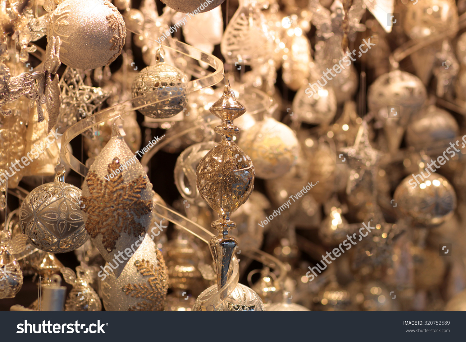 Many Glittery Tree Toys Different Ornaments Stock Photo