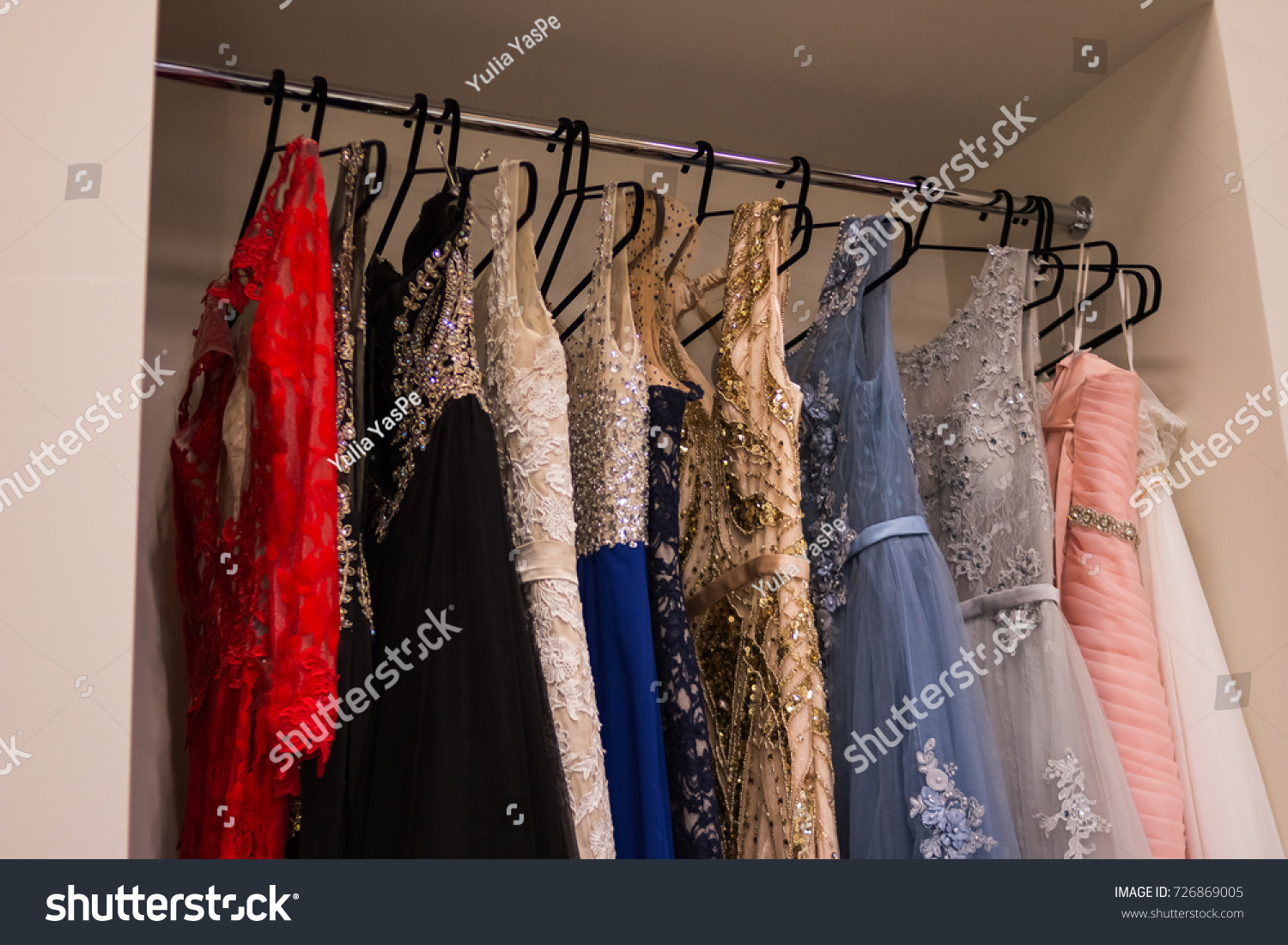 Many Ladies Evening Gown Long Dresses On Hanger In The Dress Rent Shop For Wedding