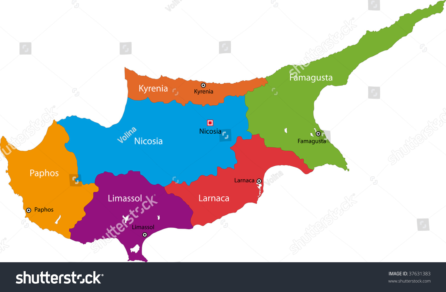 Map Of Administrative Divisions Of Cyprus With Capital Cities Stock ...