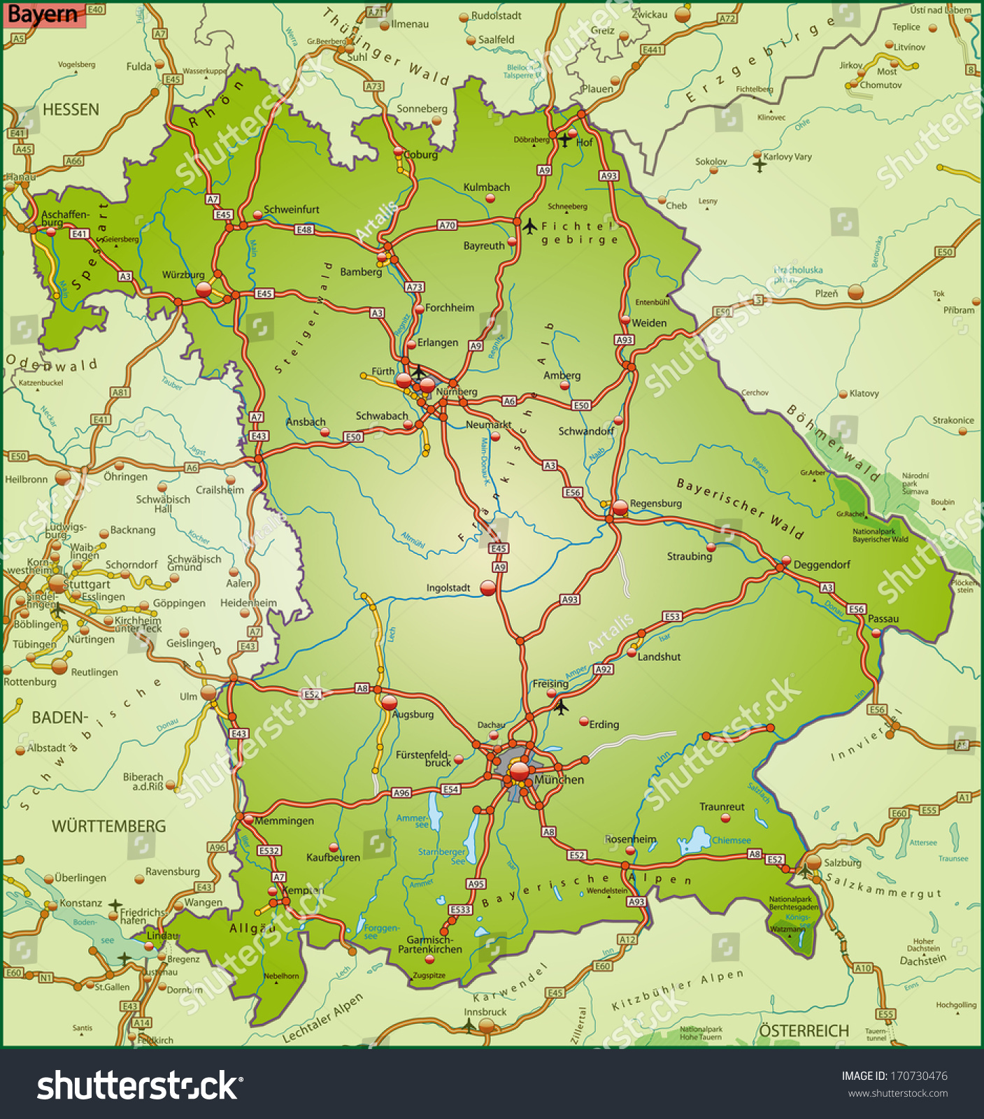 Bavaria Road Map   Stock Photo Map Of Bavaria With Highways 170730476 