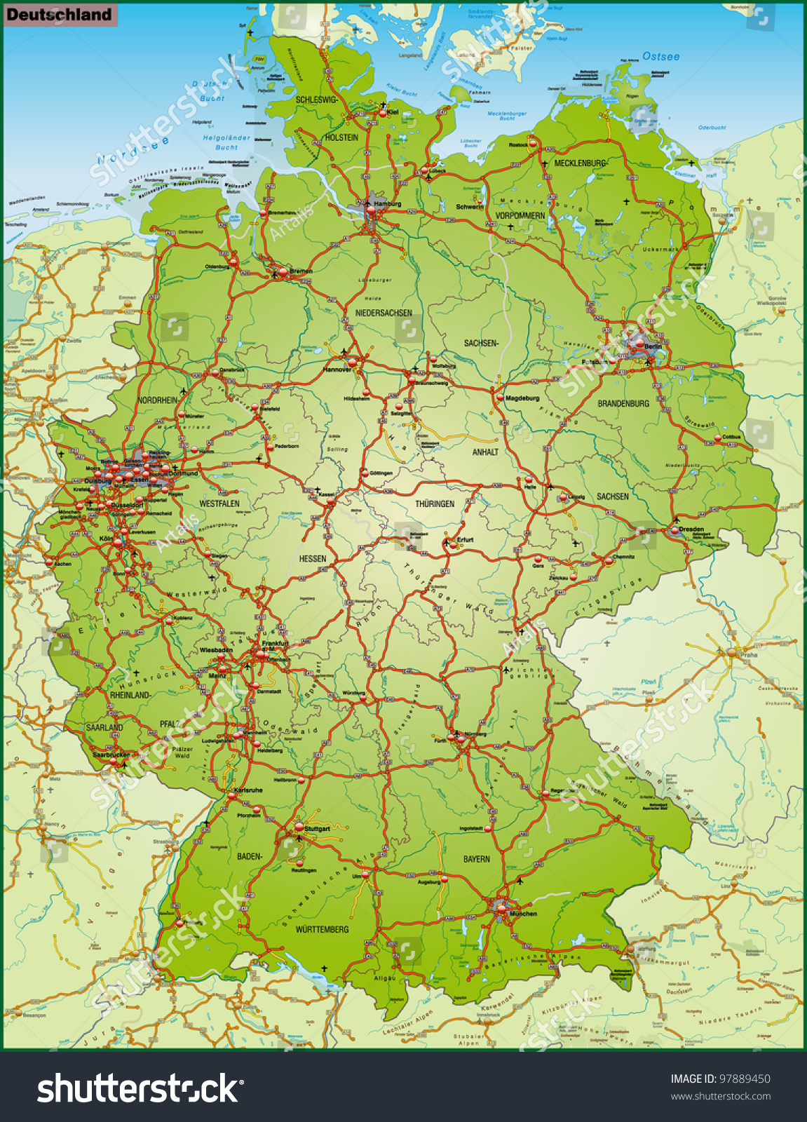 Map Germany Neighboring Countries Highways Stock Illustration 97889450