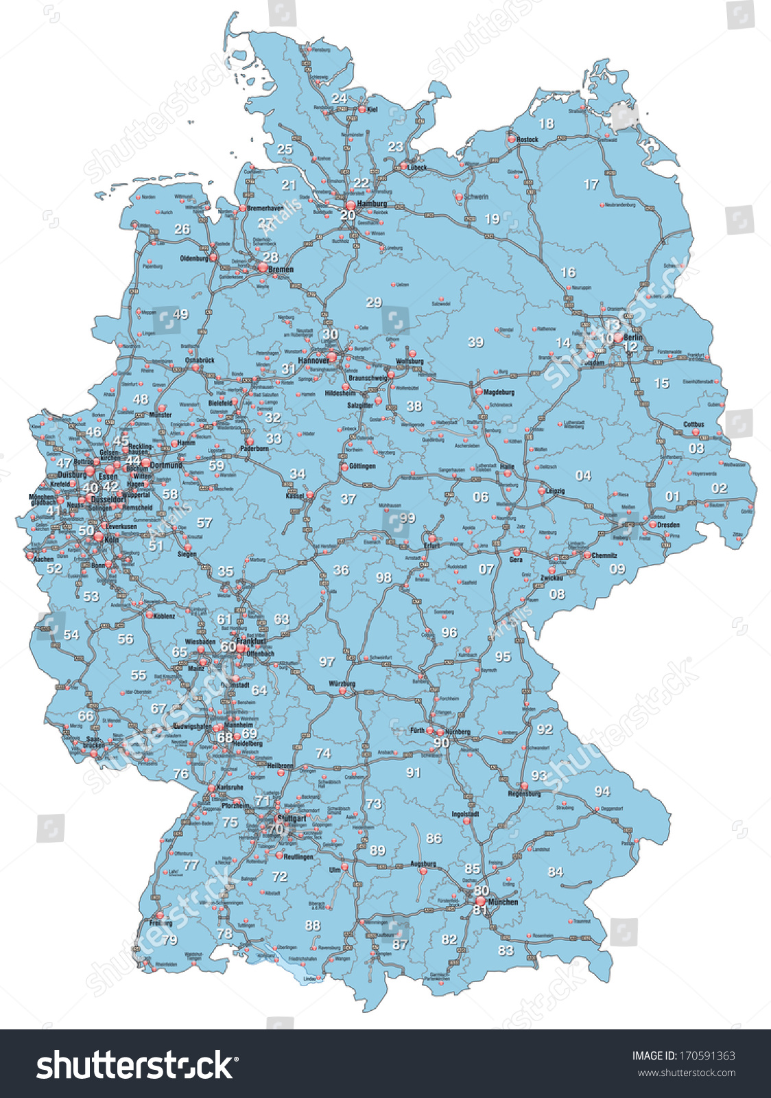 Map Of Germany With Postal Codes, Highways And Main Cities In Blue ...