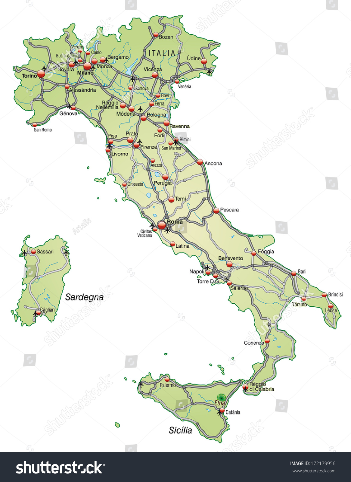 Map Italy Highways Pastel Green Stock Illustration 172179956 | Shutterstock