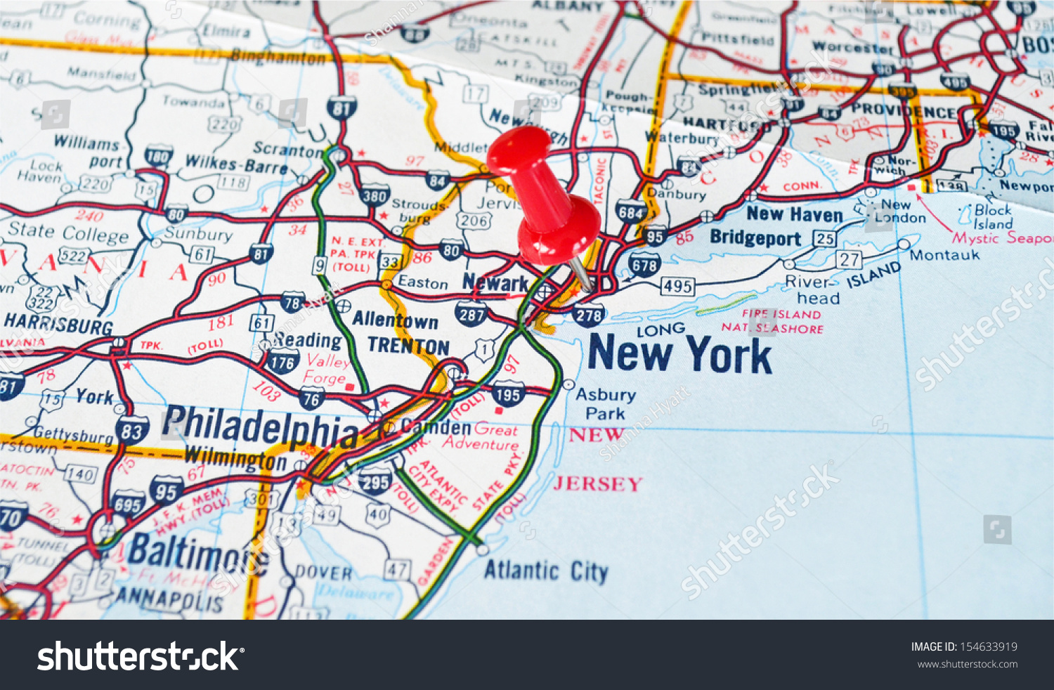 Map Of New York City, Ny With Red Push Pin Stock Photo 154633919 ...