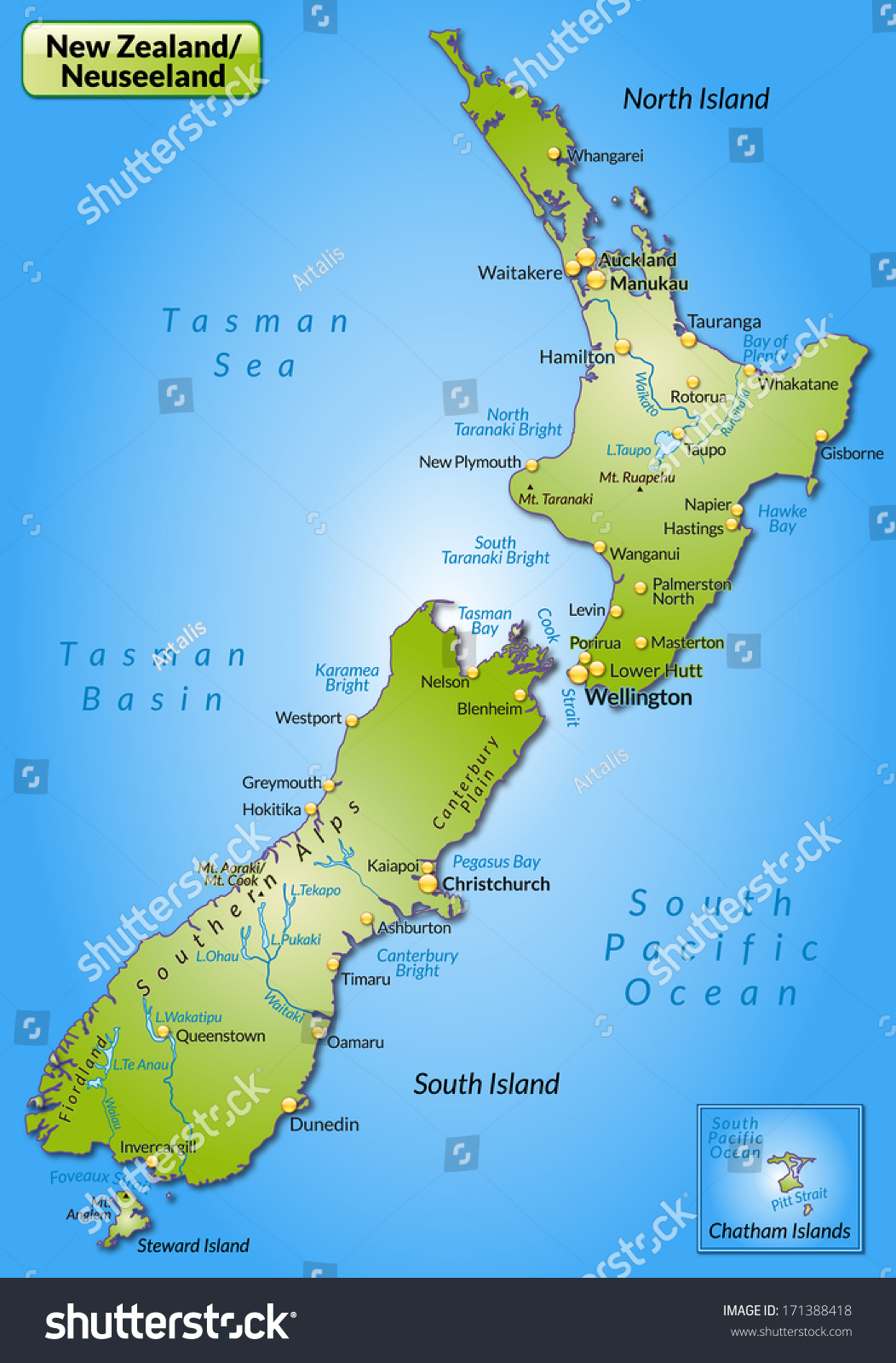 Map New Zealand Overview Map Green Stock Illustration 171388418