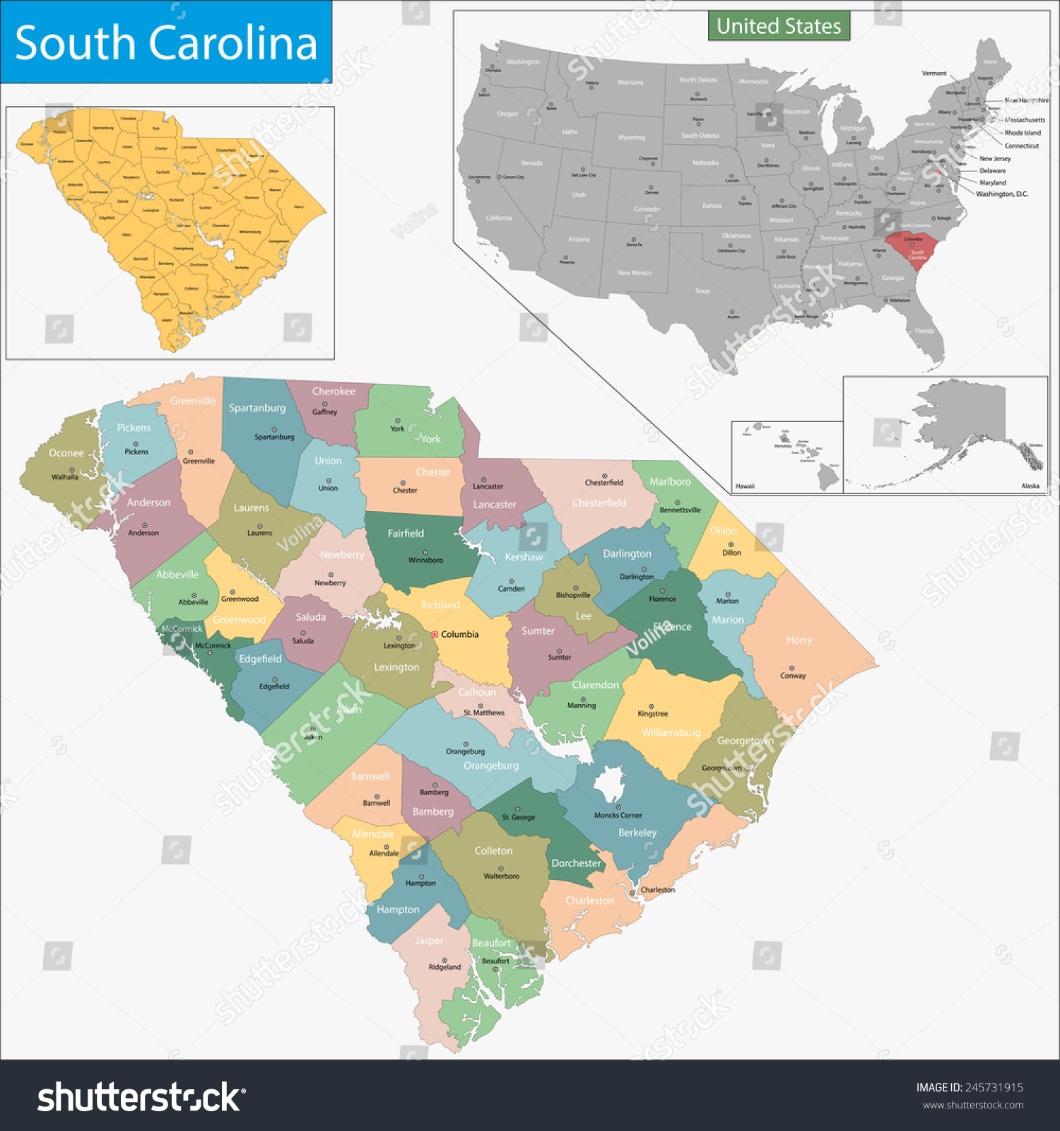 Map Of South Carolina State Designed In Illustration With The Counties ...