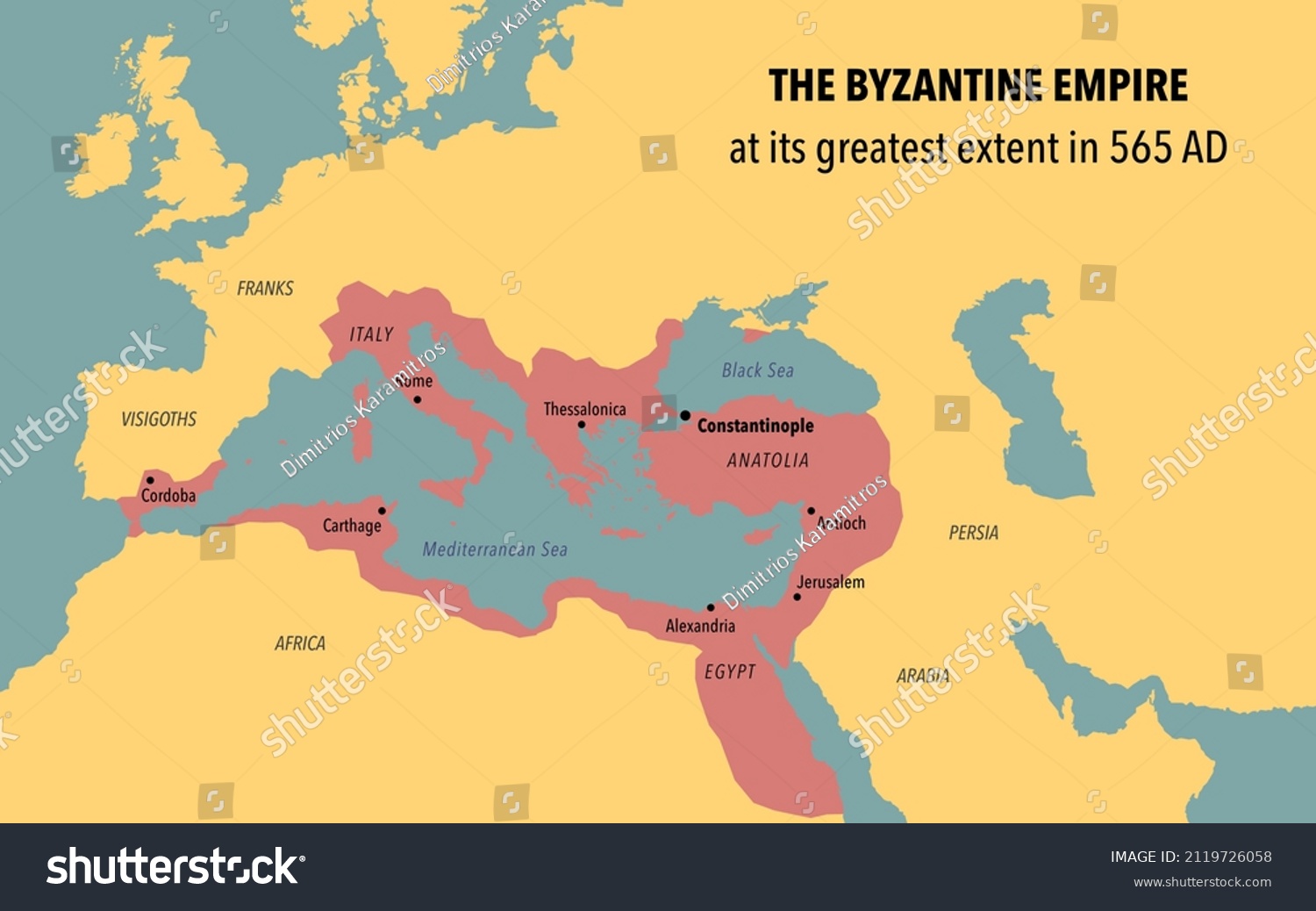 Map Byzantine Empire Greatest Extent 565 Stock Illustration 2119726058