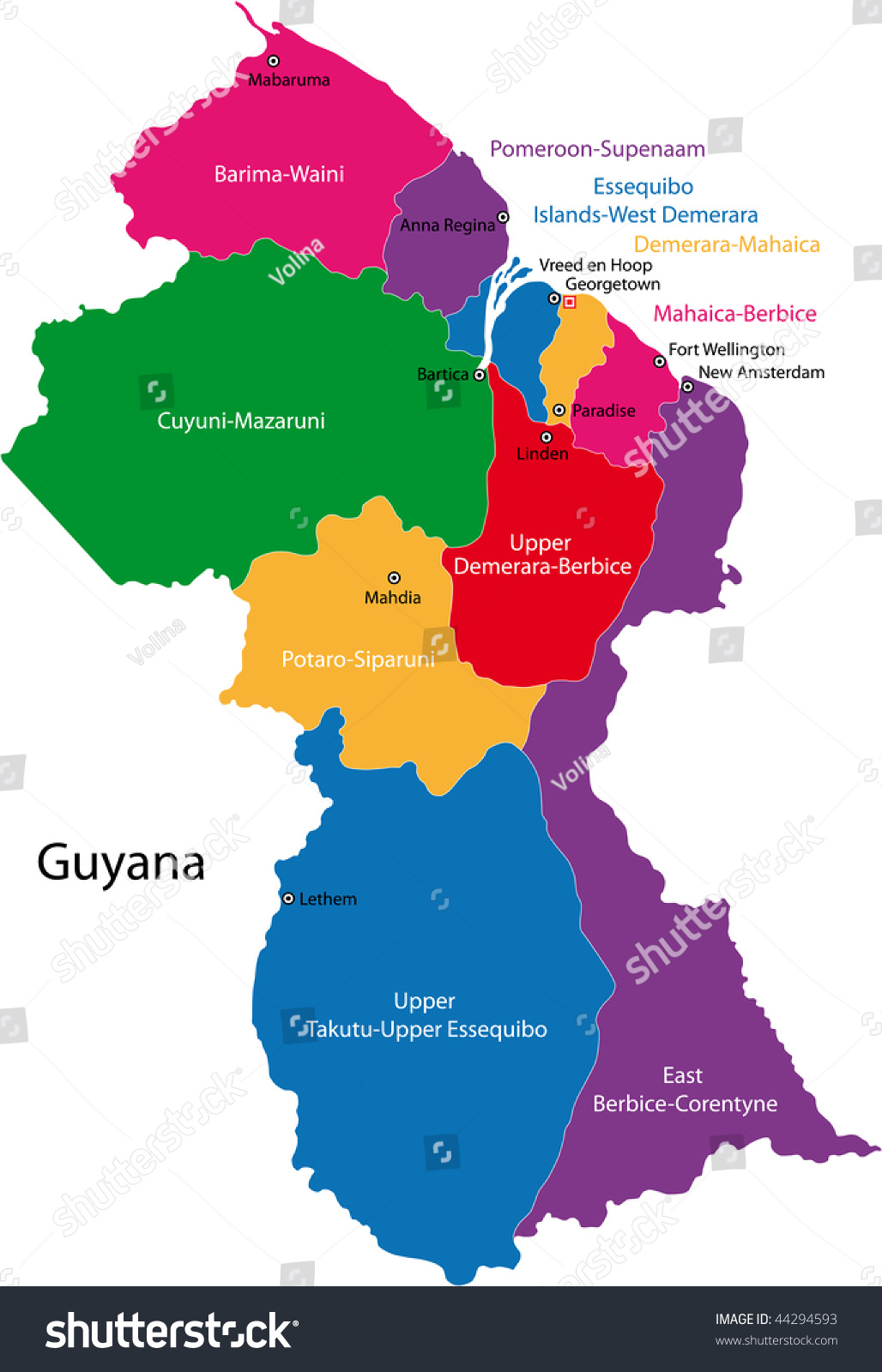 Map Cooperative Republic Guyana Regions Colored Stock Illustration   Stock Photo Map Of The Co Operative Republic Of Guyana With The Regions Colored In Bright Colors And The Main 44294593 